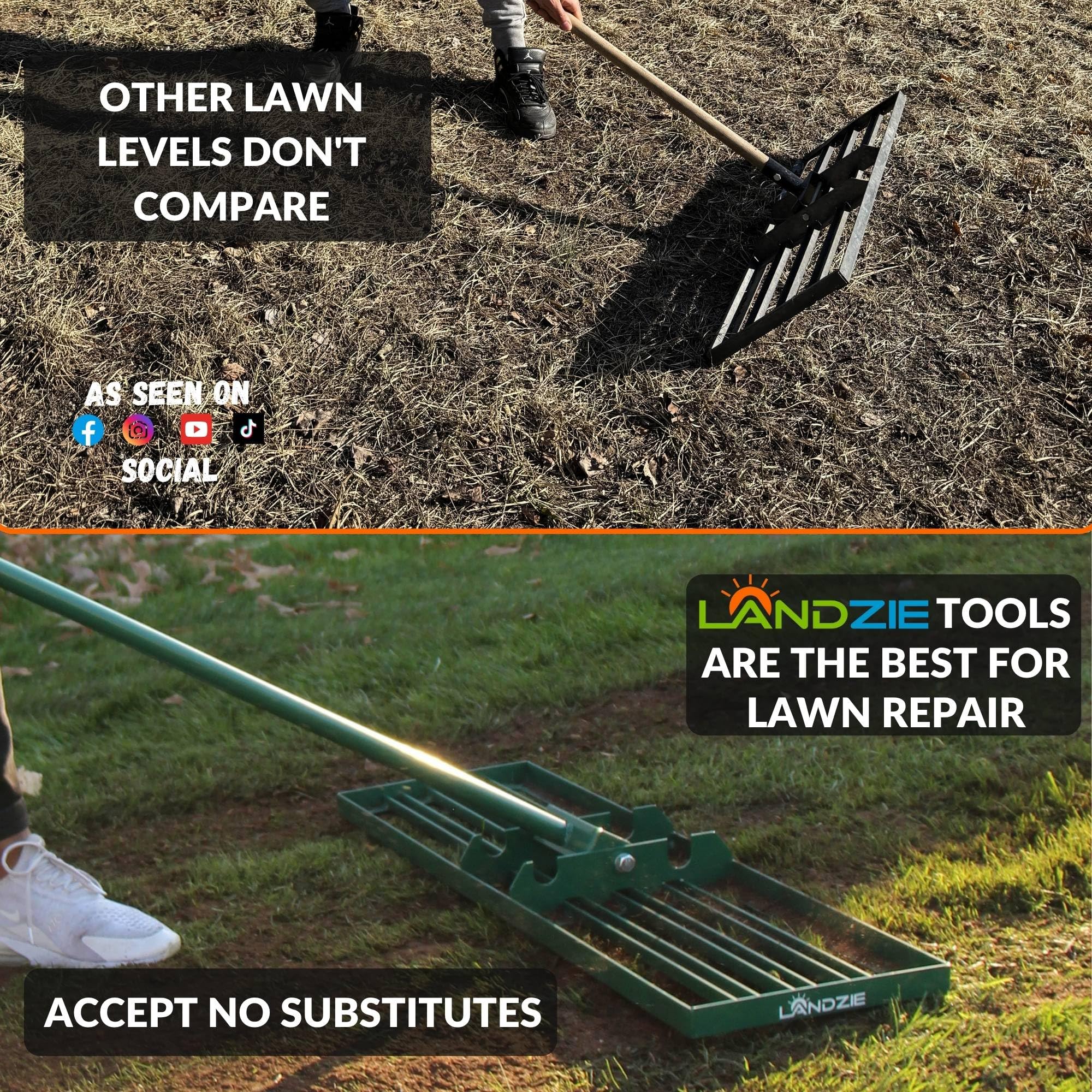LANDZIE - The Original Lawn Leveling Rake – 24" Steel Handle Yard Leveler, Lawn Level Tool for Creating a Flat Surface - Works for Soil, Dirt, Topdressing, and Ground