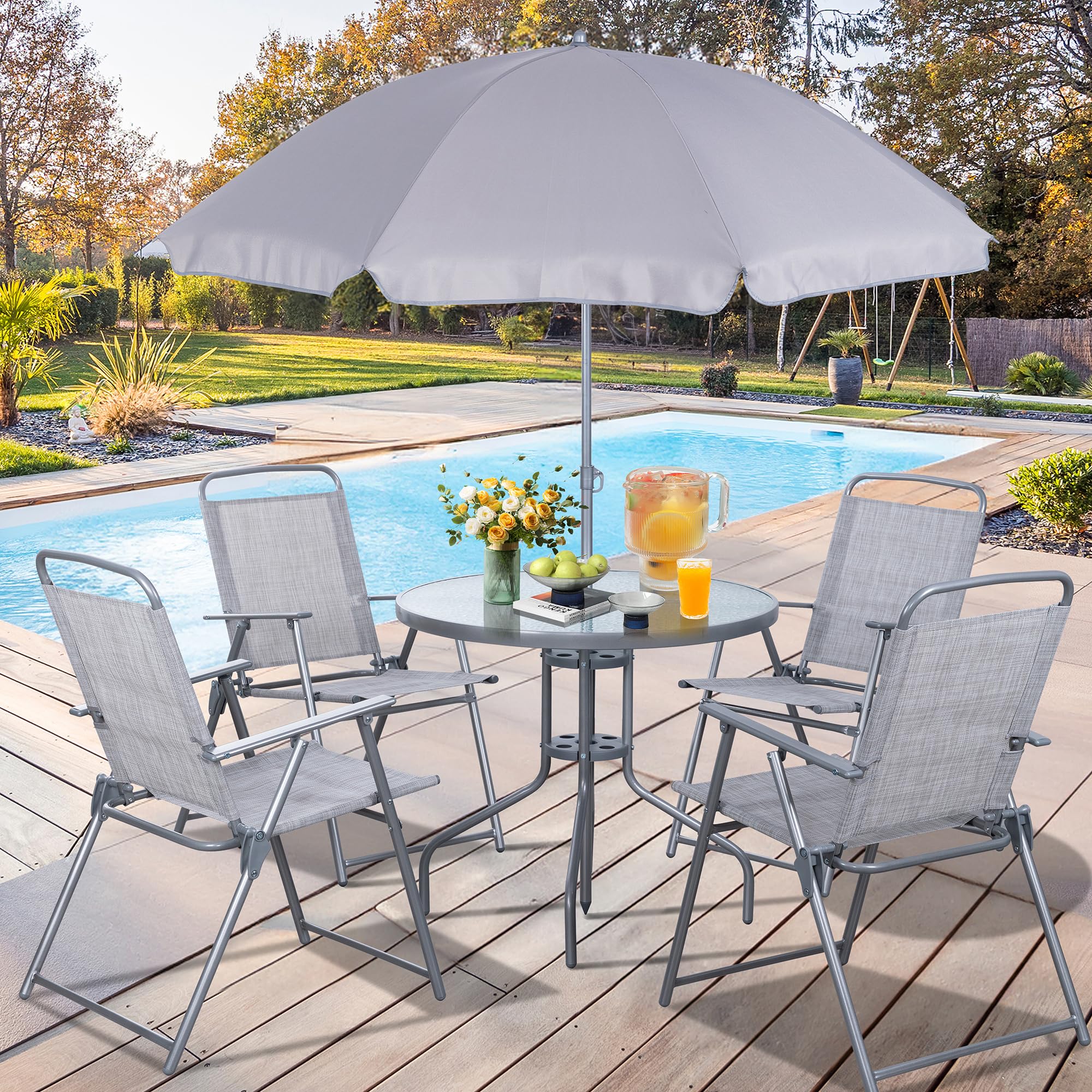 Vongrasig 6 Piece Folding Patio Dining Set,Small Metal Outdoor Garden Patio Table and Chair Set w/Umbrella for Lawn,Deck,Backyard,Black