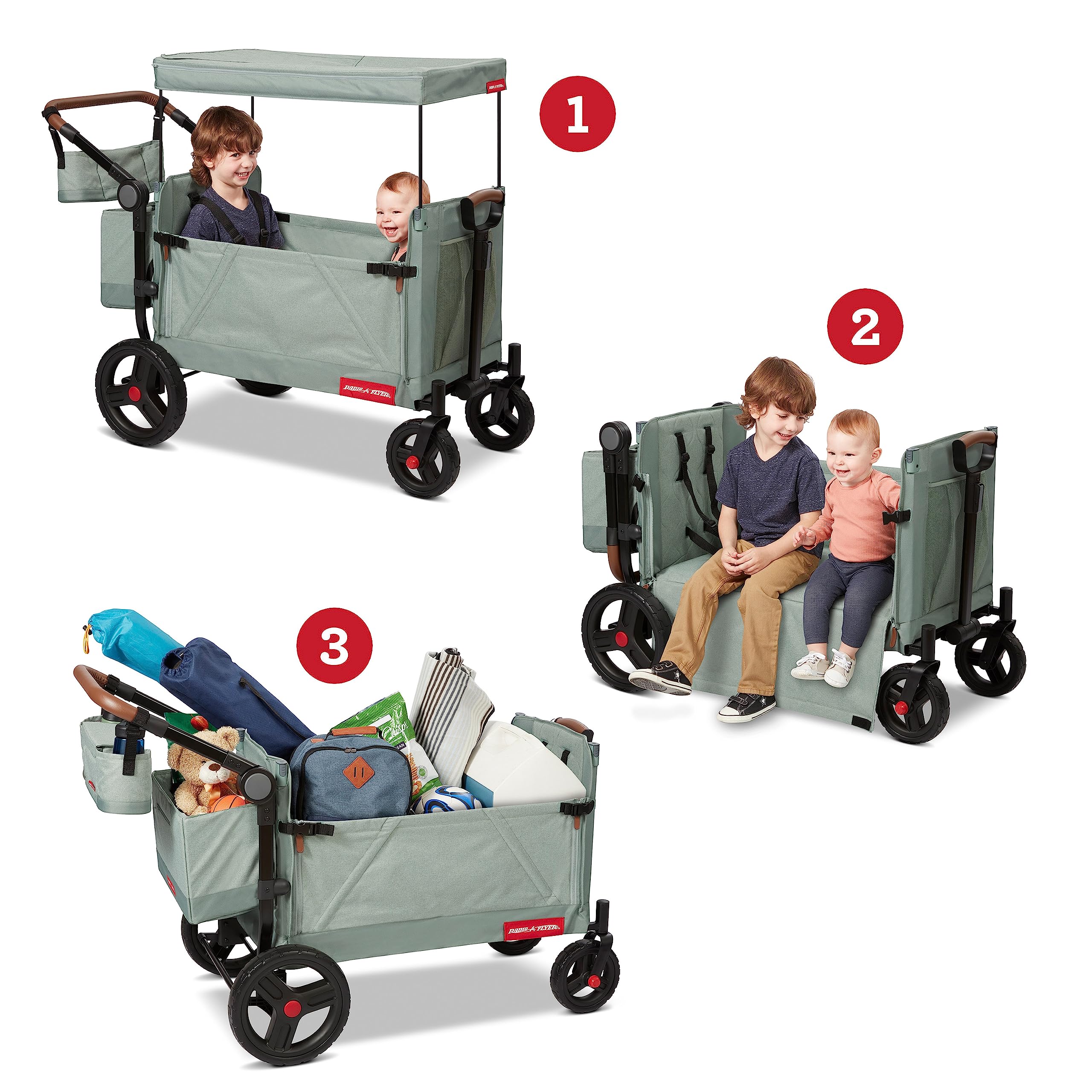 Radio Flyer Atlas Stroll 'N Wagon, Navy Blue, For Ages 1+, 3-in-1 Push or Pull Versatility, One-Hand Fold, UV Canopy, 5-Point Harnesses, Storage Capabilities, Rubber Wheels, Stroller Wagon for Kids