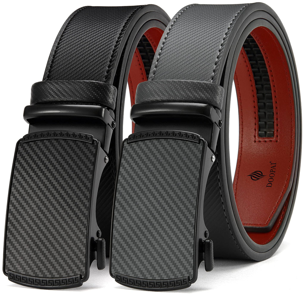 DOOPAI Men's 2 Pack Ratchet Dress Belt - Adjustable 1 3/8" Genuine Leather, Size Length Can Be Cut, With Gift Box