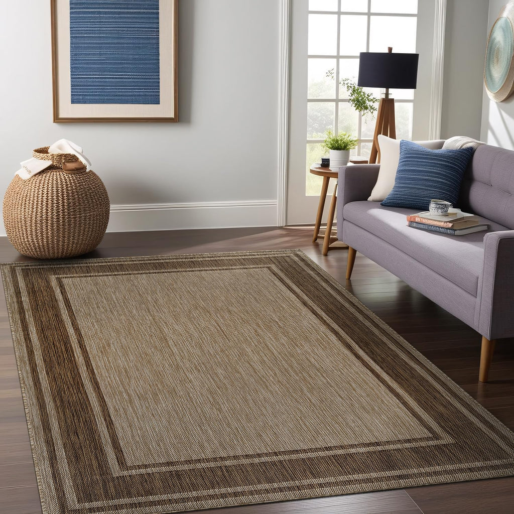 Beverly Rug Outdoor Rug 5x7 Modern Bordered Area Rugs for Indoor and Outdoor Patio Deck Porch Garden Waterproof Weather Sun Resistant Washable Outside Carpet (5 x 7 Beige)