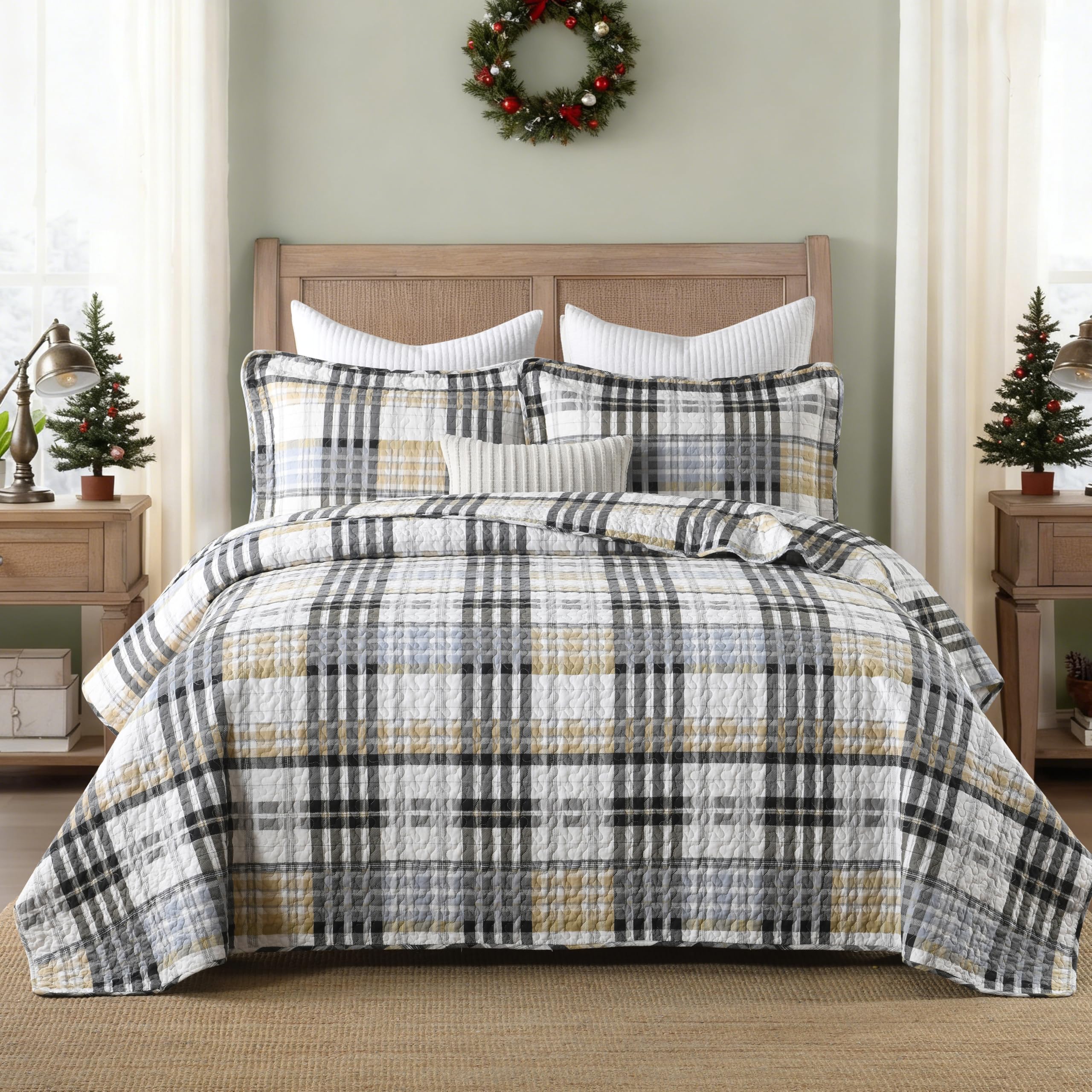 Yellow Quilts Queen Size, Paisley Comforter Set Queen Cotton Bed, Yellow Grey White Comforter, Striped Bedding Queen Size, Lightweight Luxury Bedspread,3 Piece