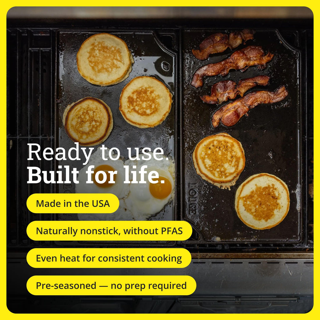 Lodge Reversible Cast Iron Grill/Griddle Pan 16.75 x 9.5 - Pre-Seasoned Dual-Sided Double Burner for BBQ, Eggs, Pancakes, Burgers - PFAS Free Cookware - Flat Top Plate for Oven, Grill, & Campfire