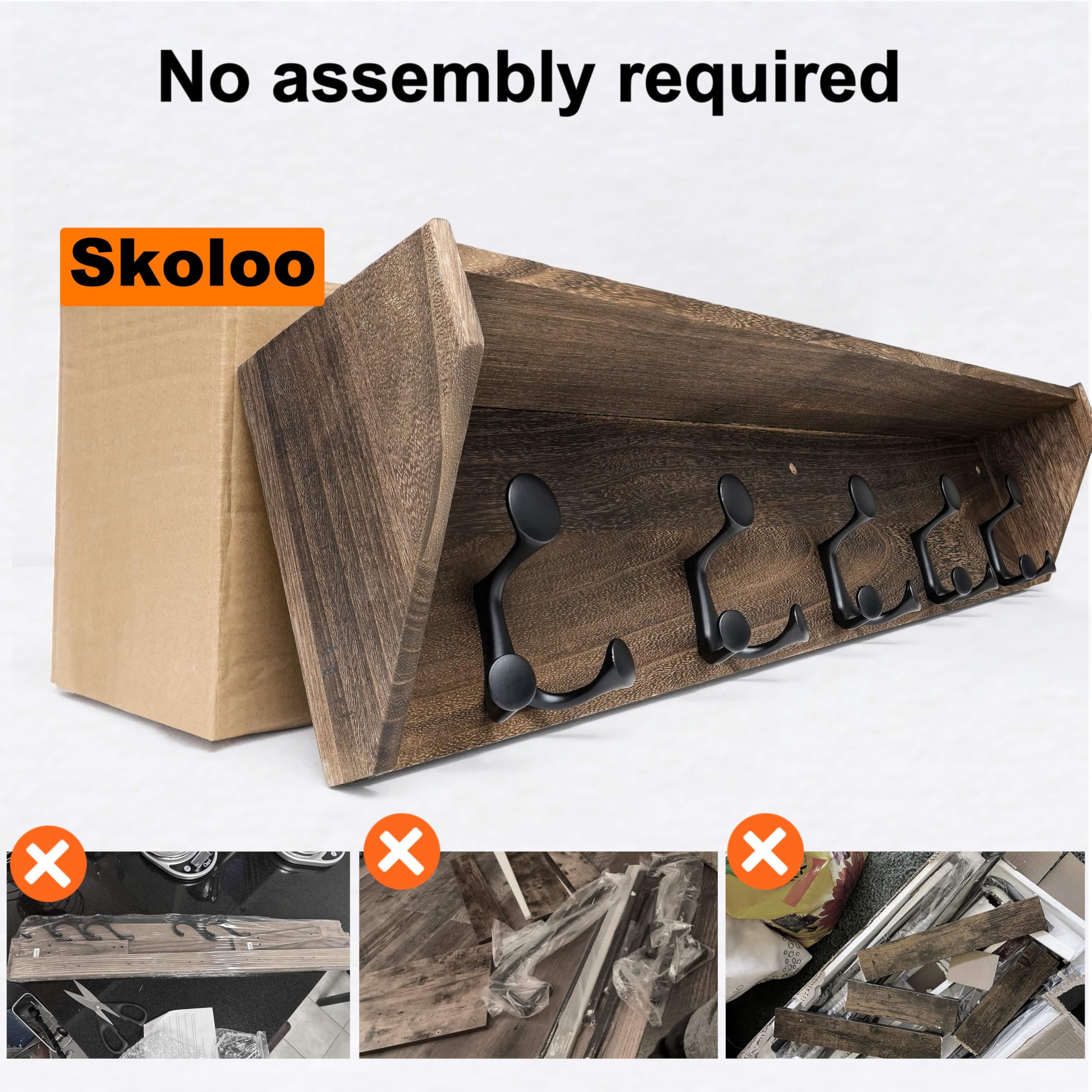 SKOLOO Wall Shelf with Hooks, 24-Inch Cherry Coat Rack Wall Mount with Shelf Organizer - Heavy Duty, 4 Tri Hooks - Perfect for Entryway, Hallway, Living Room, Bedroom, Mudroom