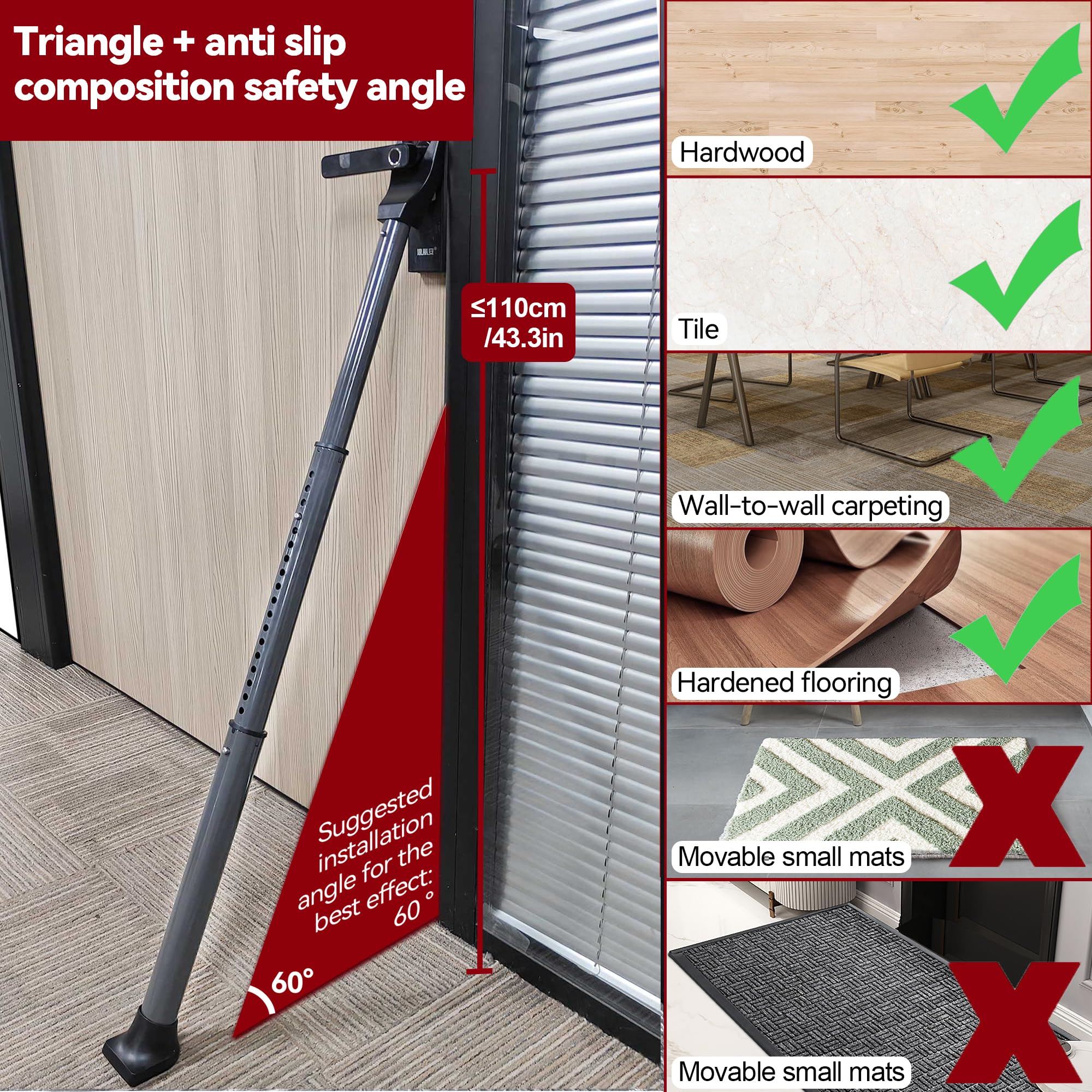 AceMining Upgraded Door Security Bar & Sliding Patio Bar, Heavy Duty Stoppers Adjustable Jammer for Home, Apartment, Travel (1 Pack,Grey)