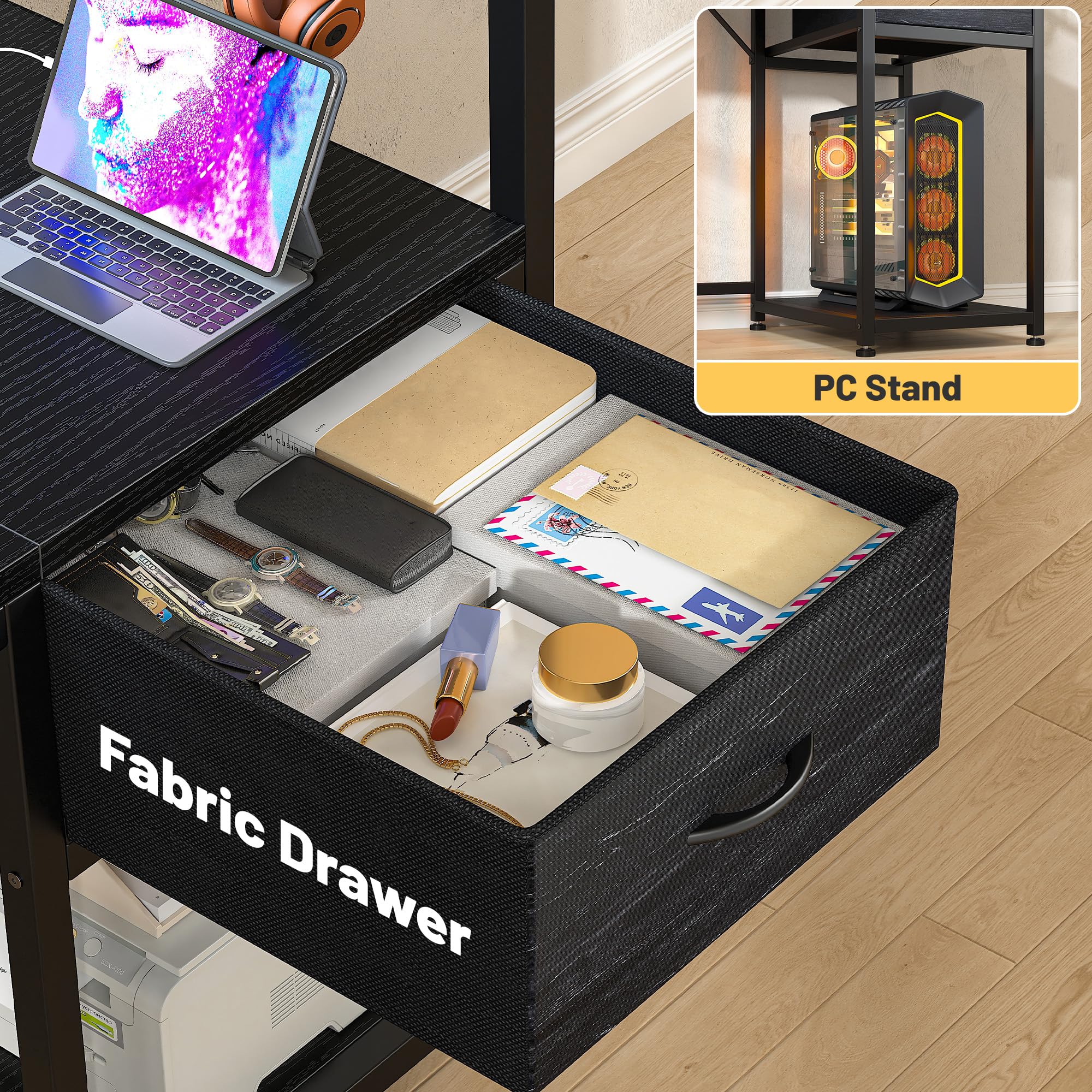 EnHomee 40" Gaming Desk with Power Outlets & LED Lights, Computer Desk with Drawer & Storage Shelve, Home Office Desk with Monitor Stand for Living Room, Study Room, Gaming Room, Black