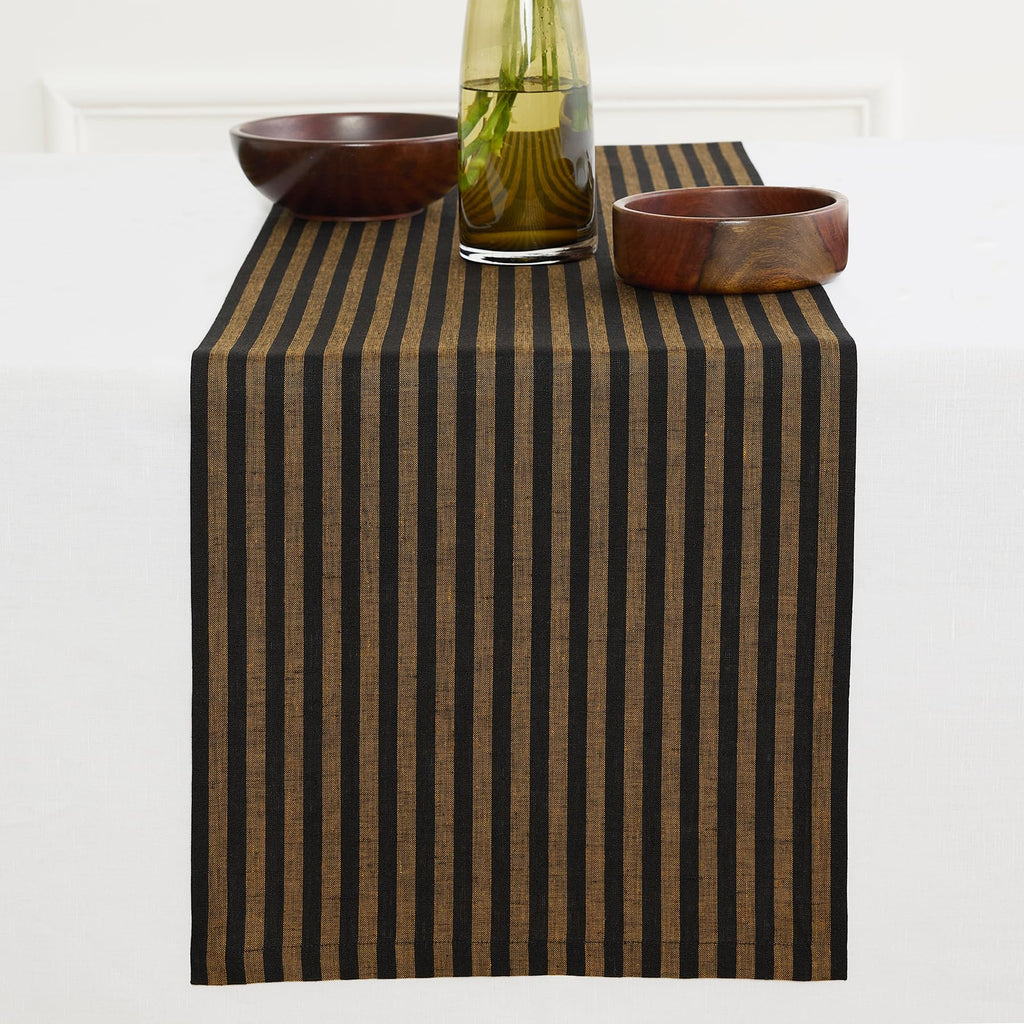 Solino Home Linen Table Runner 36 Inches - Amalfi Stripe 100% Pure Linen Natural and White Table Runner 14 x 36 Inch Ideal for Dresser and Coffee Tables - Summer