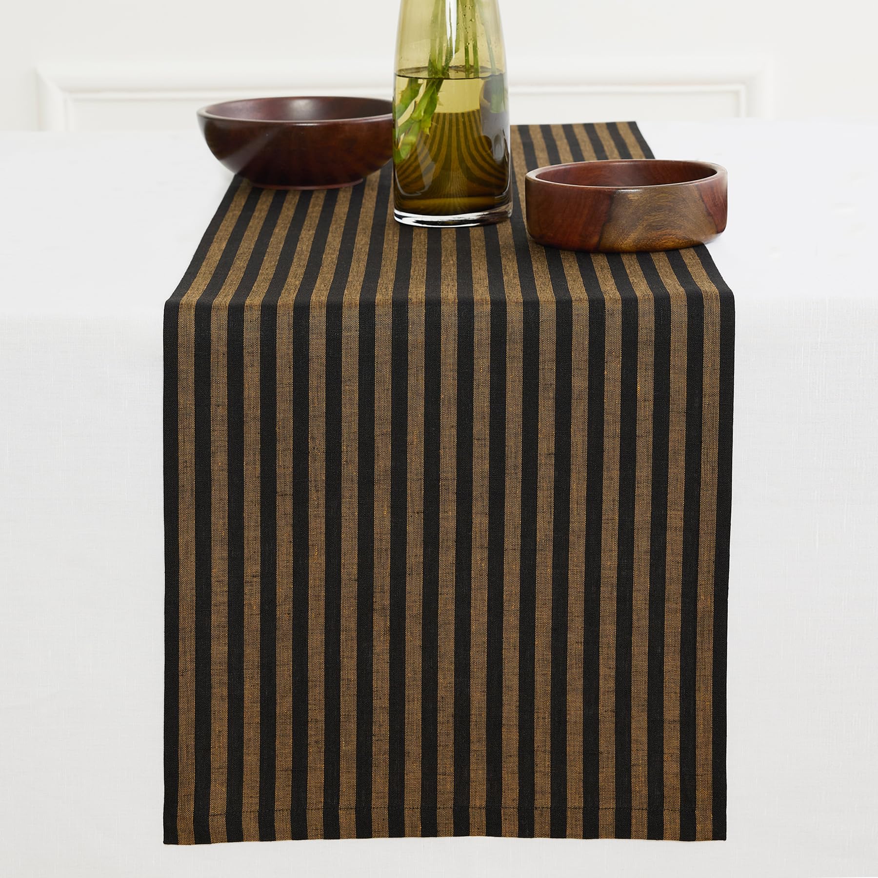 Solino Home Linen Table Runner 36 Inches - Amalfi Stripe 100% Pure Linen Natural and White Table Runner 14 x 36 Inch Ideal for Dresser and Coffee Tables - Summer