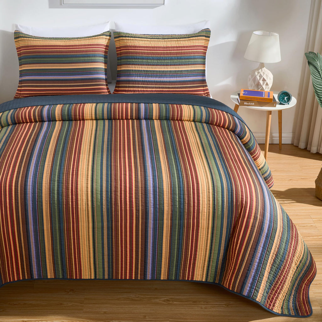 Chezmoi Collection Avery Striped Cotton Quilt Set Twin Size, 2-Piece Soft Pre-Washed 100% Cotton Quilt, Multi-Color Brown