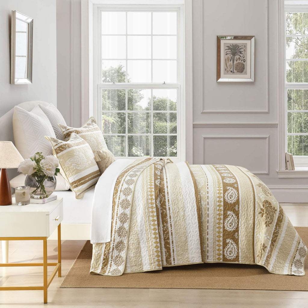 Yellow Quilts Queen Size, Paisley Comforter Set Queen Cotton Bed, Yellow Grey White Comforter, Striped Bedding Queen Size, Lightweight Luxury Bedspread,3 Piece