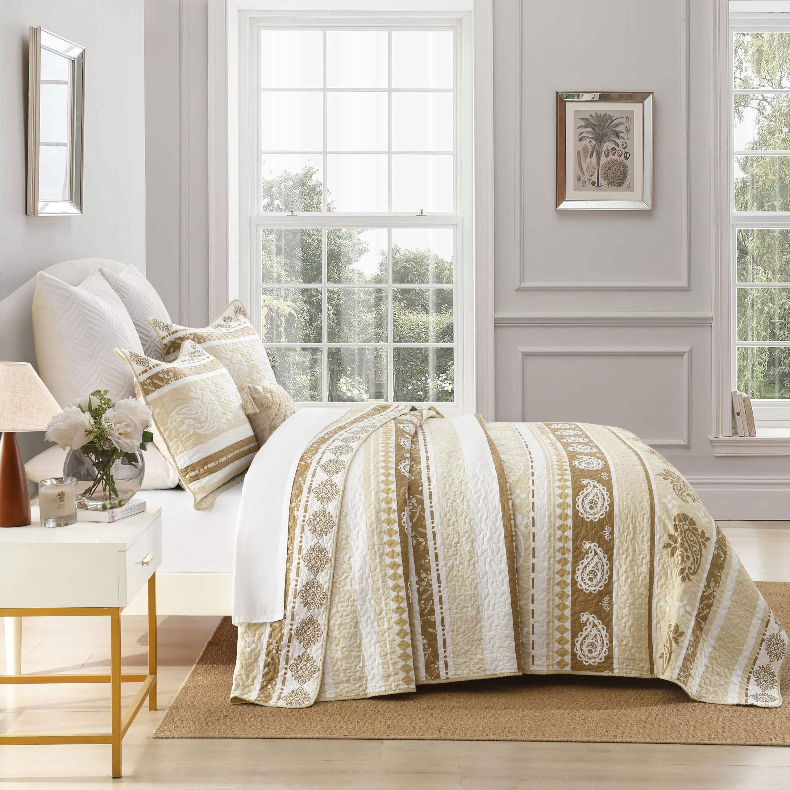 Yellow Quilts Queen Size, Paisley Comforter Set Queen Cotton Bed, Yellow Grey White Comforter, Striped Bedding Queen Size, Lightweight Luxury Bedspread,3 Piece