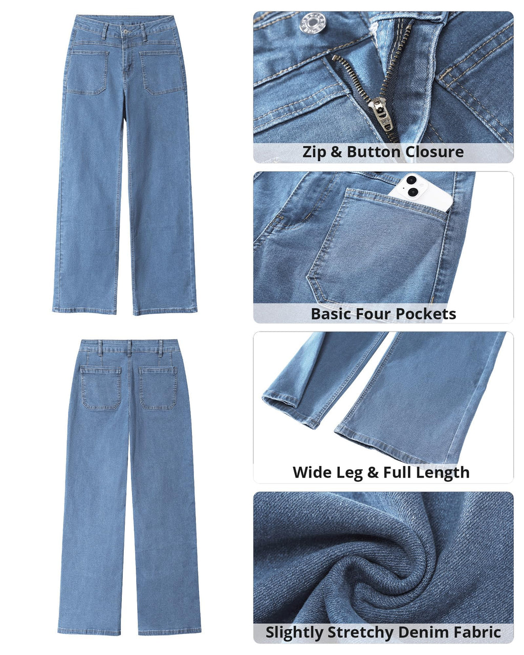 GRAPENT Wide Leg Jeans for Women Trendy High Waisted Loose Straight Leg Stretchy Retro Denim Pants with Pouch Pockets
