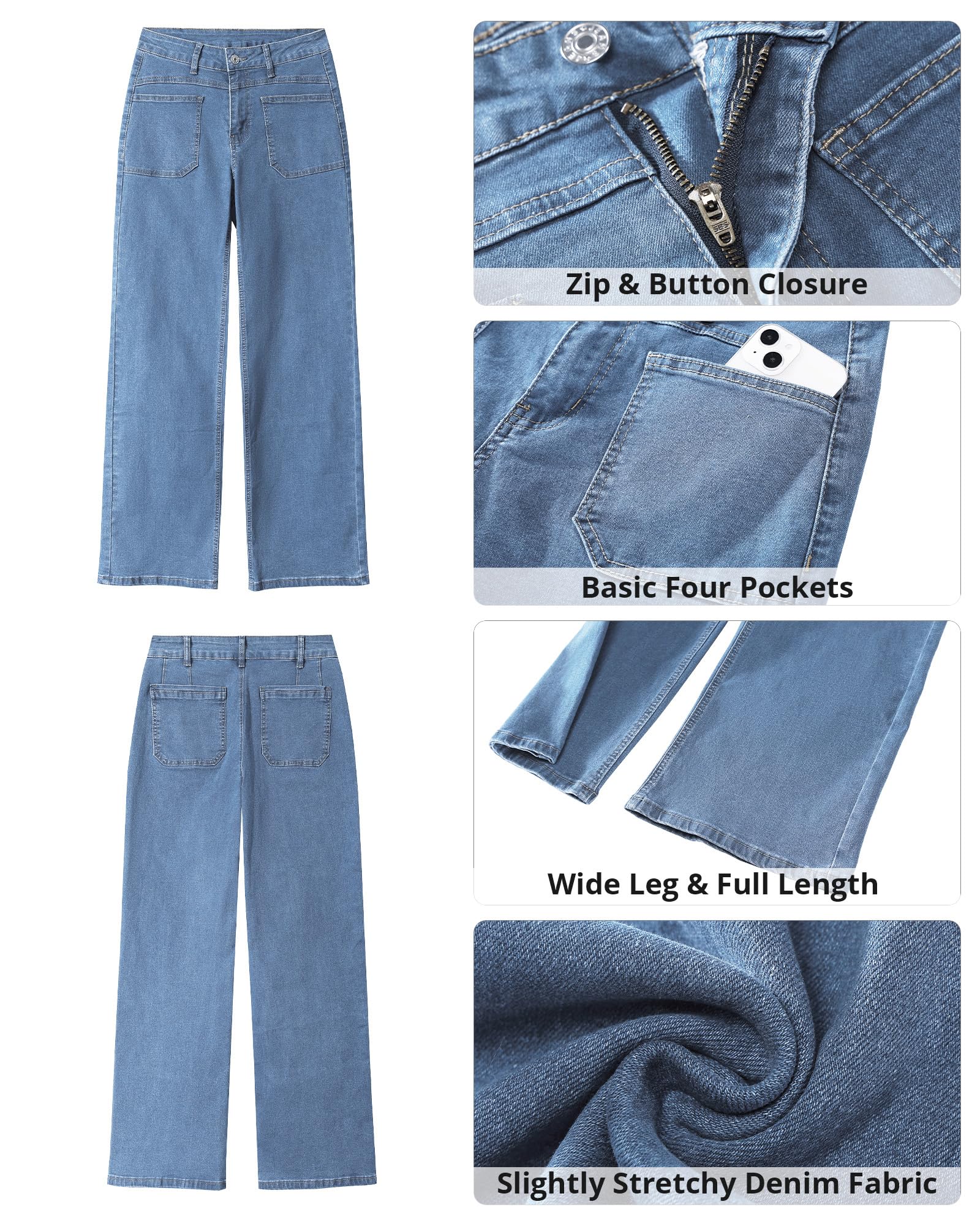 GRAPENT Wide Leg Jeans for Women Trendy High Waisted Loose Straight Leg Stretchy Retro Denim Pants with Pouch Pockets