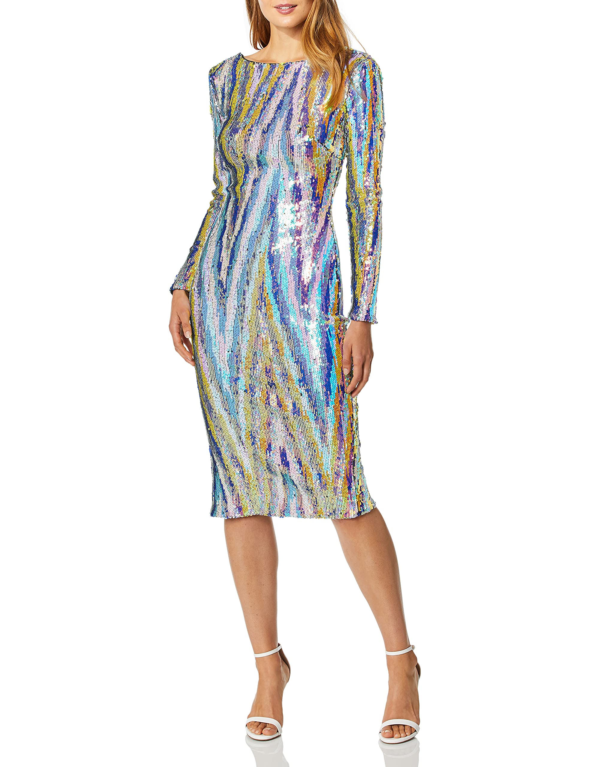 Dress The Population Womens Emery Long Sleeve Stretch Sequin Midi Sheath Ddr147