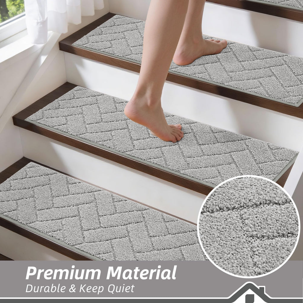 BEQHAUSE Stair Treads for Wooden Steps 28inX9in, Non Slip Carpet Stair Treads Indoor Stair Runners Machine Washable, Soft Stair Rugs Mat Surface Polyester TPE Backing, 4pcs, Beige