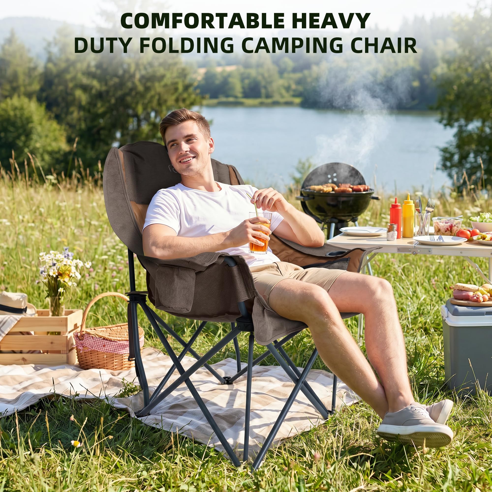 Double Camping Chair Heavy Duty Oversized Padded Loveseat for Adults 2 Person Outdoor Portable Camping Chairs for Lawn, Backyard, Fishing, Trip, Support 600lbs, Grey