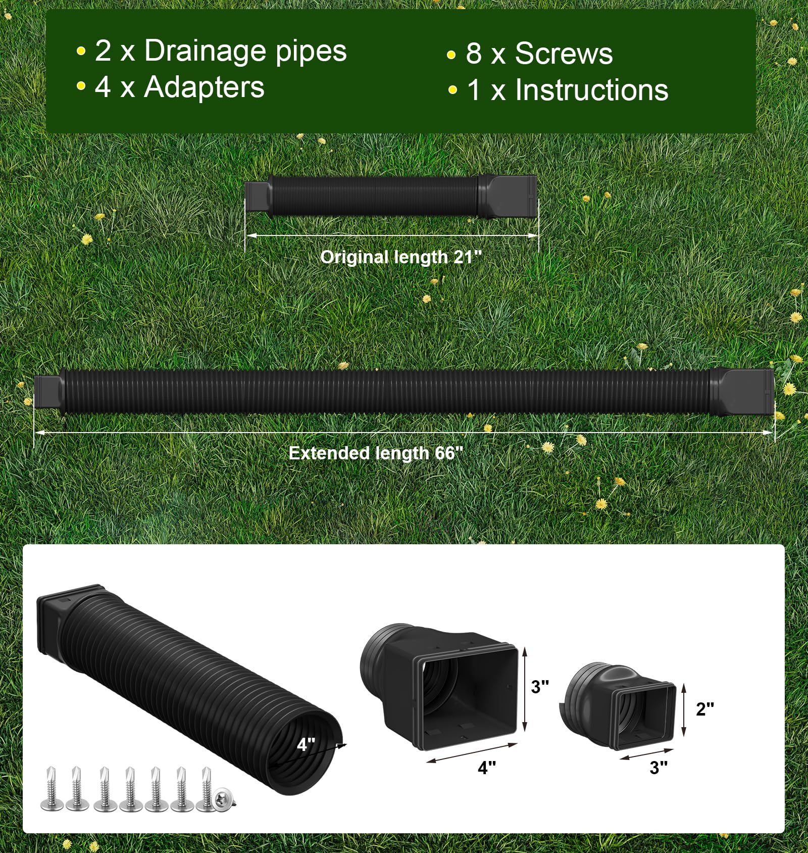 Ogutter Rain Gutter Downspout Extensions, Downspout Extender for Rainwater Drainage Flexible, Down Spout Drain Extension Pipe and Extendable from 21 to 66 Inches (Black)