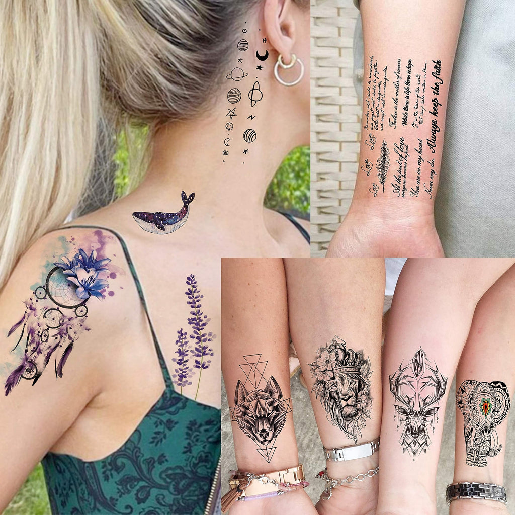 EGMBGM 52 Sheets Tiny Small Temporary Tattoos For Kids Boys Girls, Tribal Animals Butterfly Anchor Compass Tattoo Stickers For Men Women, 3D Cute Flower Fake Face Tatoo Kits Sets For Neck Arm Hands
