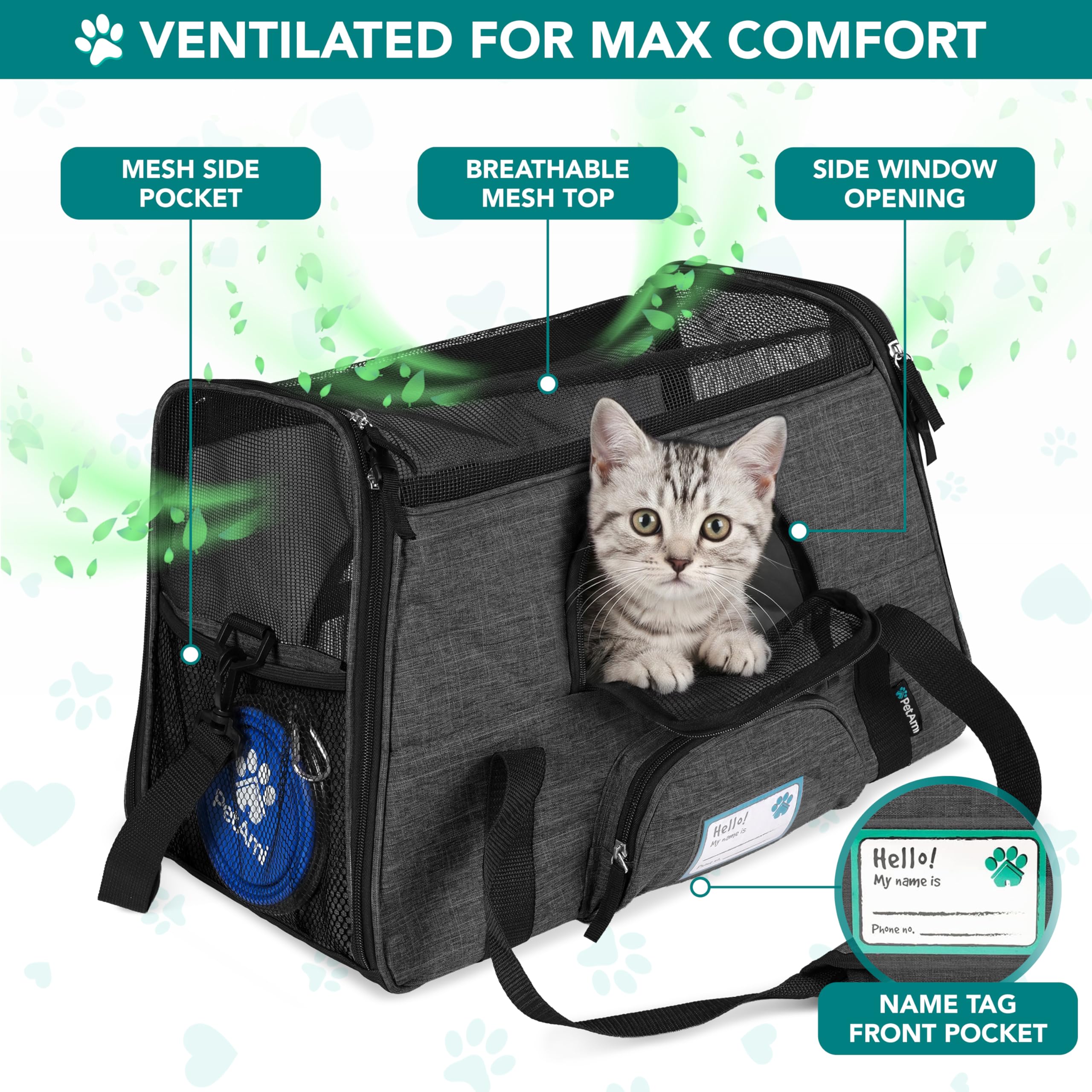 PetAmi Airline Approved Pet Carrier for Cats & Small Dogs, Soft Sided TSA Travel Carrier Bag with Sherpa Bed, Breathable Mesh Ventilation, Collapsible Bowl, Fits Under Seat, Up to 18 lbs, Small Black