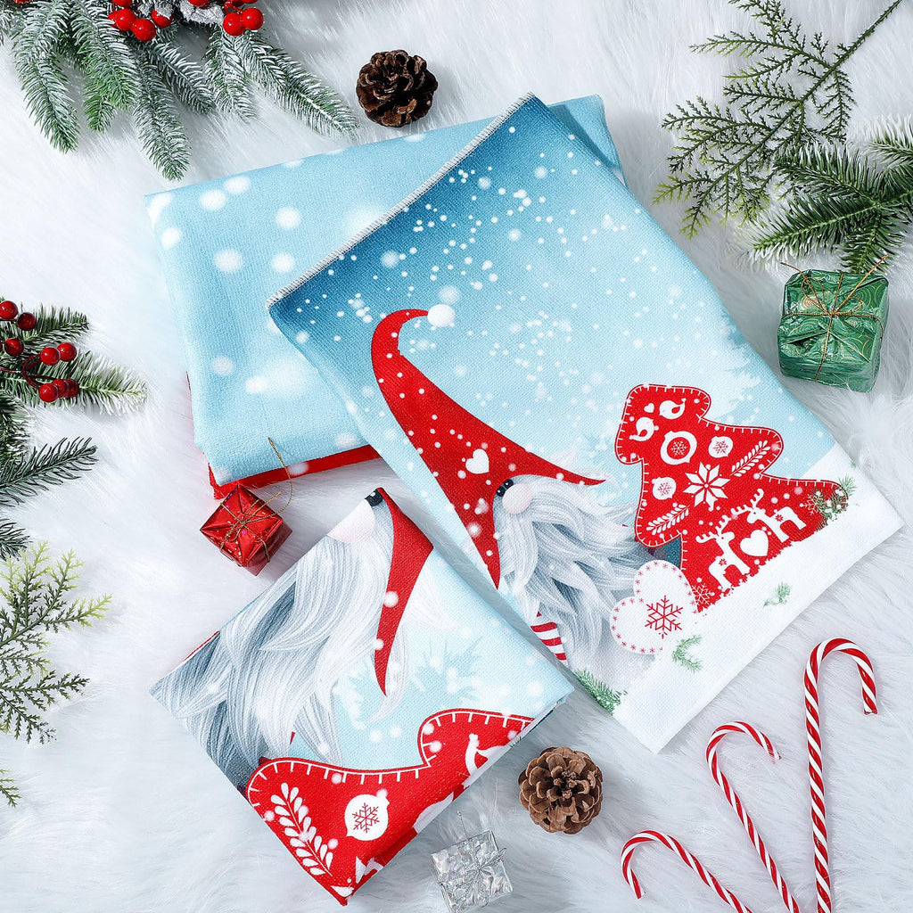 Preboun 3 Pack Christmas Gnome Bathroom Towels Set - Christmas Tree Hand Towels, Winter Snowflake Bath Towels, Soft Absorbent Dish Towels for Bathroom, Kitchen, Home, Hotel, Beach, Gym, Spa