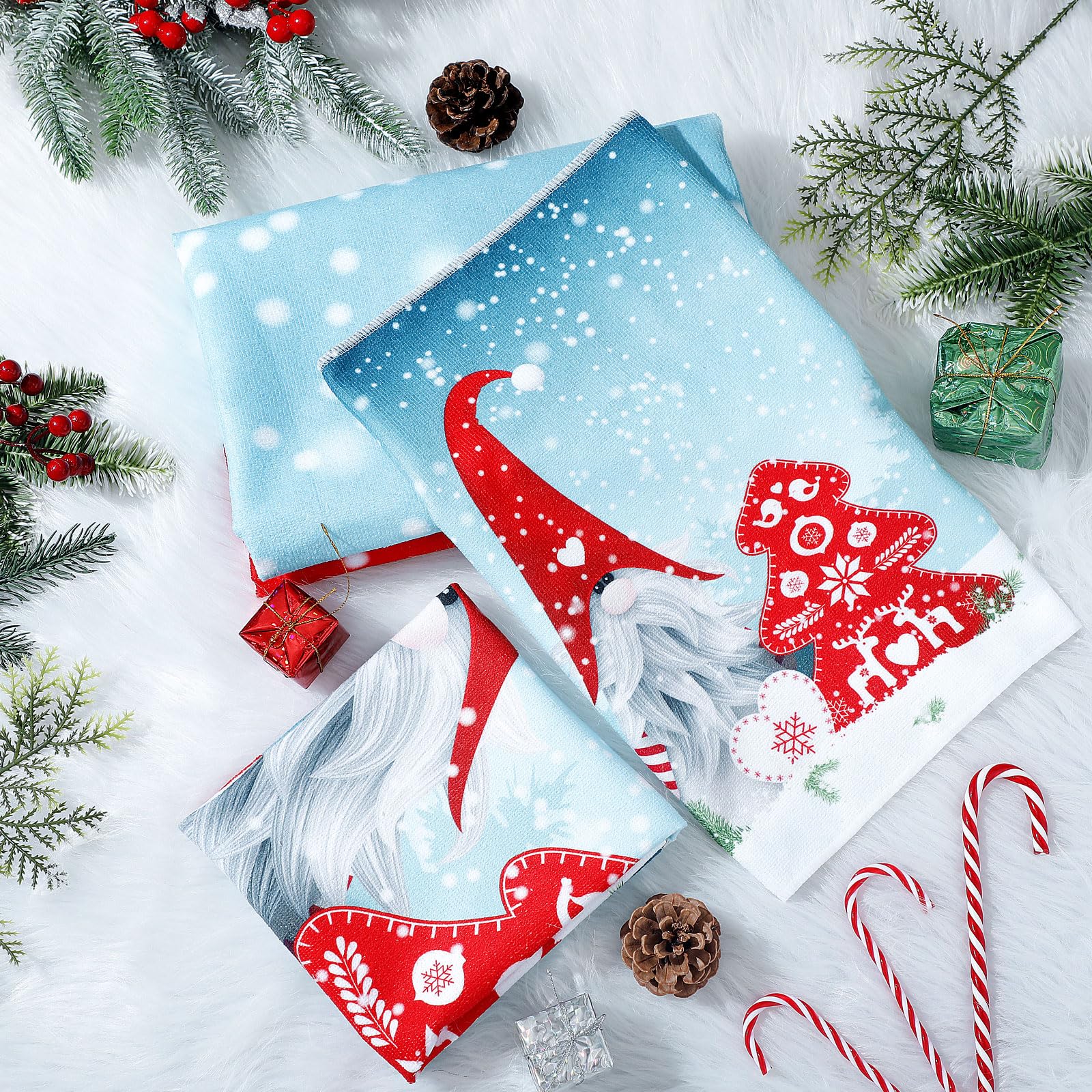 Preboun 3 Pack Christmas Gnome Bathroom Towels Set - Christmas Tree Hand Towels, Winter Snowflake Bath Towels, Soft Absorbent Dish Towels for Bathroom, Kitchen, Home, Hotel, Beach, Gym, Spa