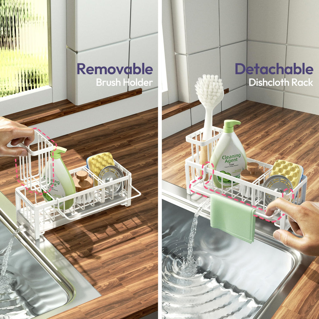 SWTYMIKI Sponge Holder for Kitchen Sink - Sink Caddy with Brush Holder Self-draining Sponge Caddy Organizer with Divider Stainless Steel Kitchen Accessories Storage for Countertop, Black