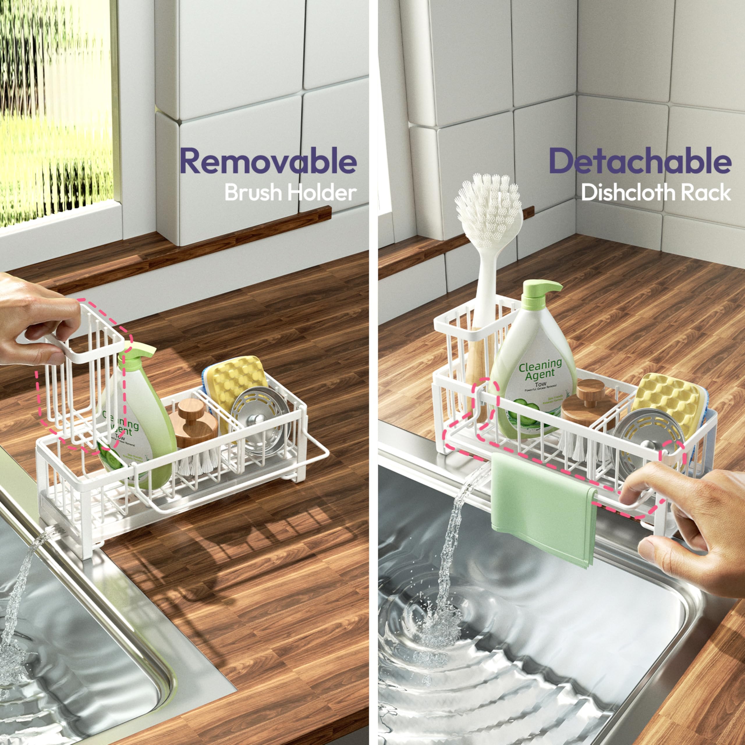 SWTYMIKI Sponge Holder for Kitchen Sink - Sink Caddy with Brush Holder Self-draining Sponge Caddy Organizer with Divider Stainless Steel Kitchen Accessories Storage for Countertop, Black