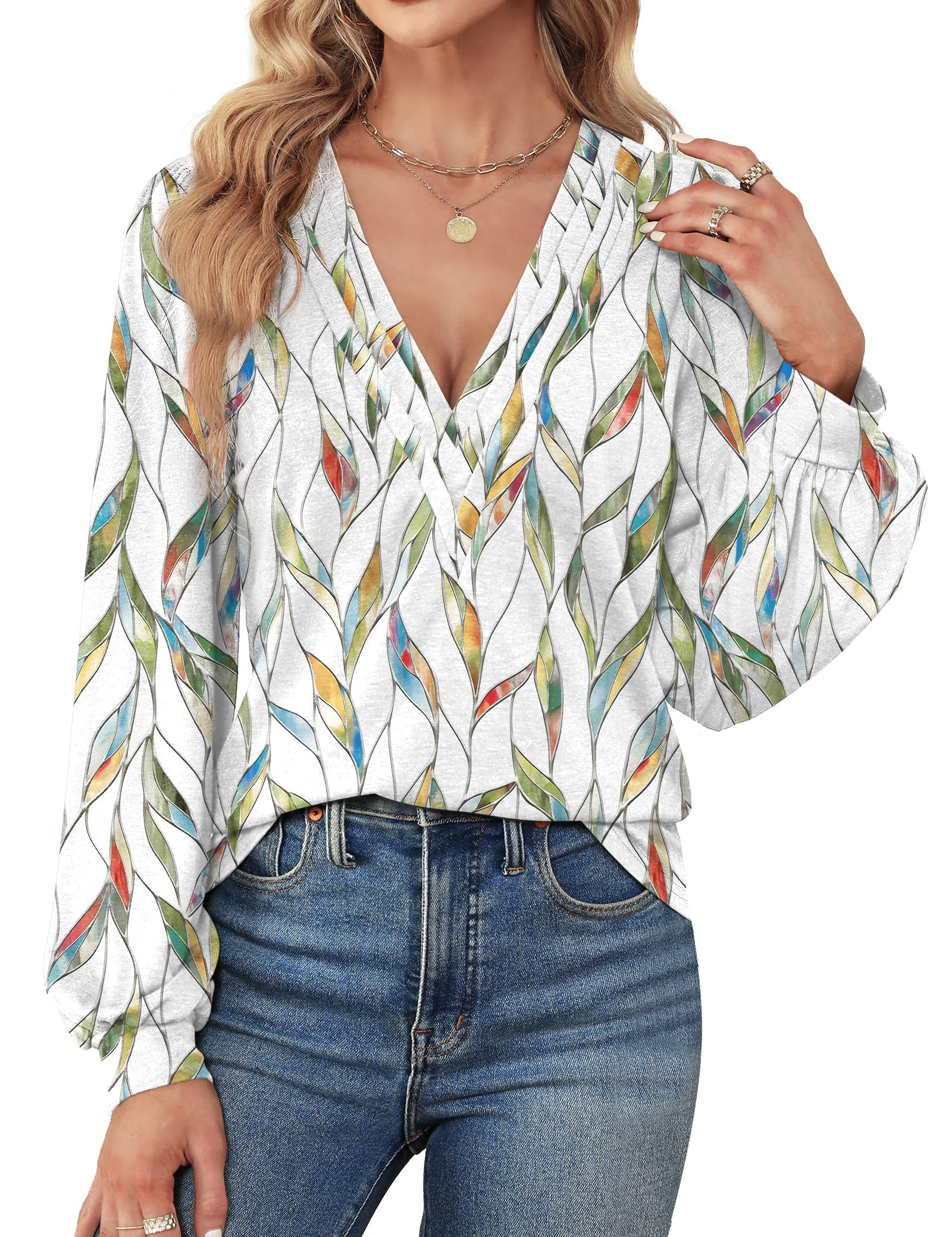 Agnes Urban Womens V Neck Long Sleeve Tops Dressy Casual Fall Shirts Puff Sleeve Loose Tunic Trendy Tops Blouses