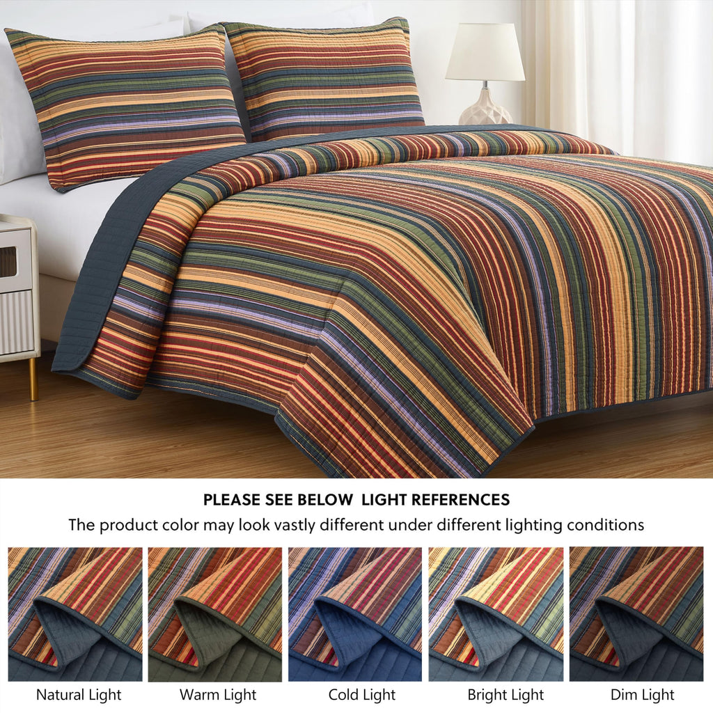Chezmoi Collection Avery Striped Cotton Quilt Set Twin Size, 2-Piece Soft Pre-Washed 100% Cotton Quilt, Multi-Color Brown