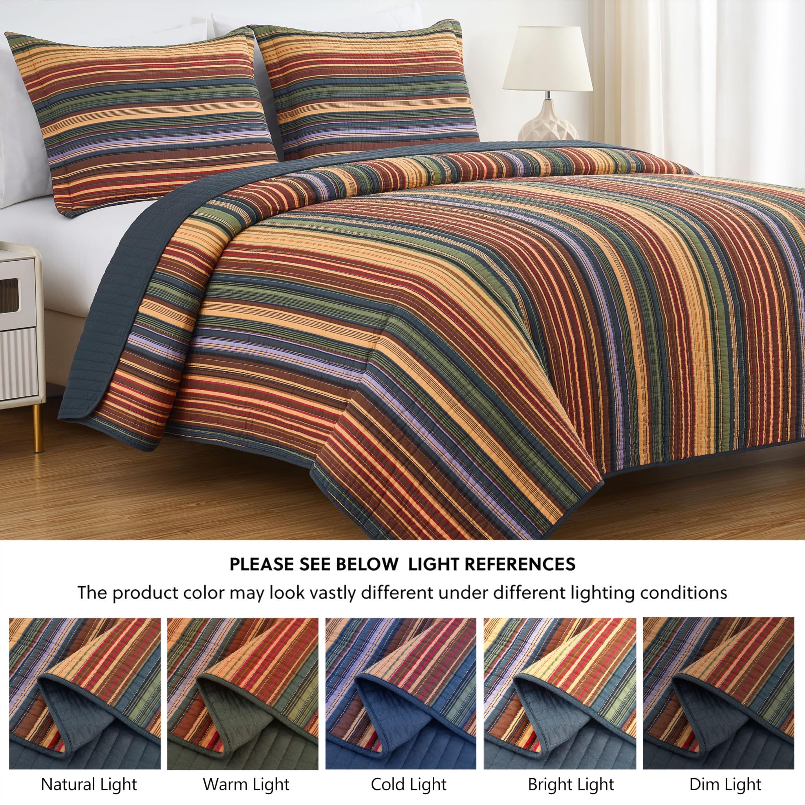 Chezmoi Collection Avery Striped Cotton Quilt Set Twin Size, 2-Piece Soft Pre-Washed 100% Cotton Quilt, Multi-Color Brown