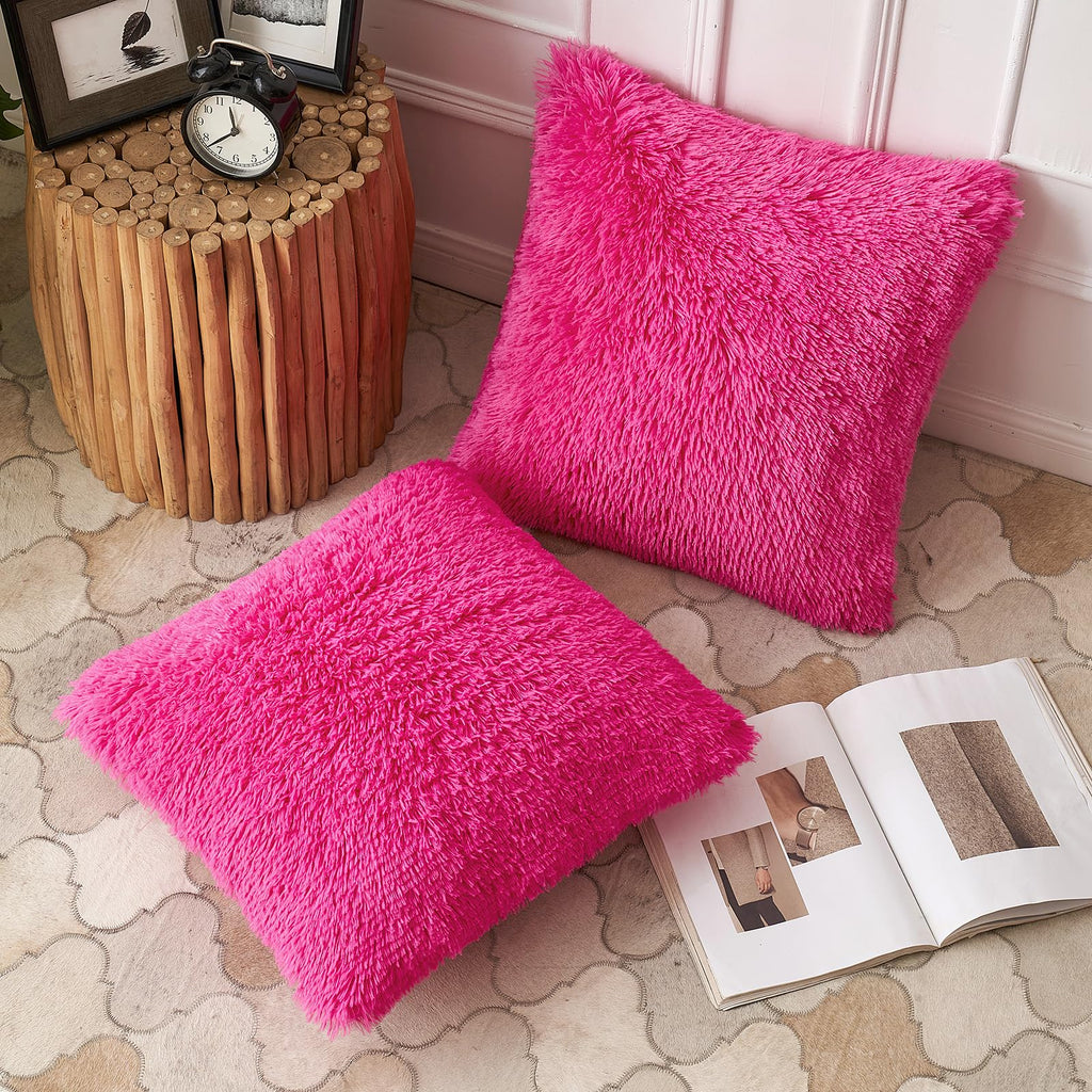 ANRODUO Pack of 2 Baby Pink Throw Pillow Covers Luxury Fluffy Pillows Faux Fur Decorative Pillows Plush Cushion Case Fuzzy Mongolian Merin Style for Bed Couch Sofa Living Room Summer Decor 16x16 Inch