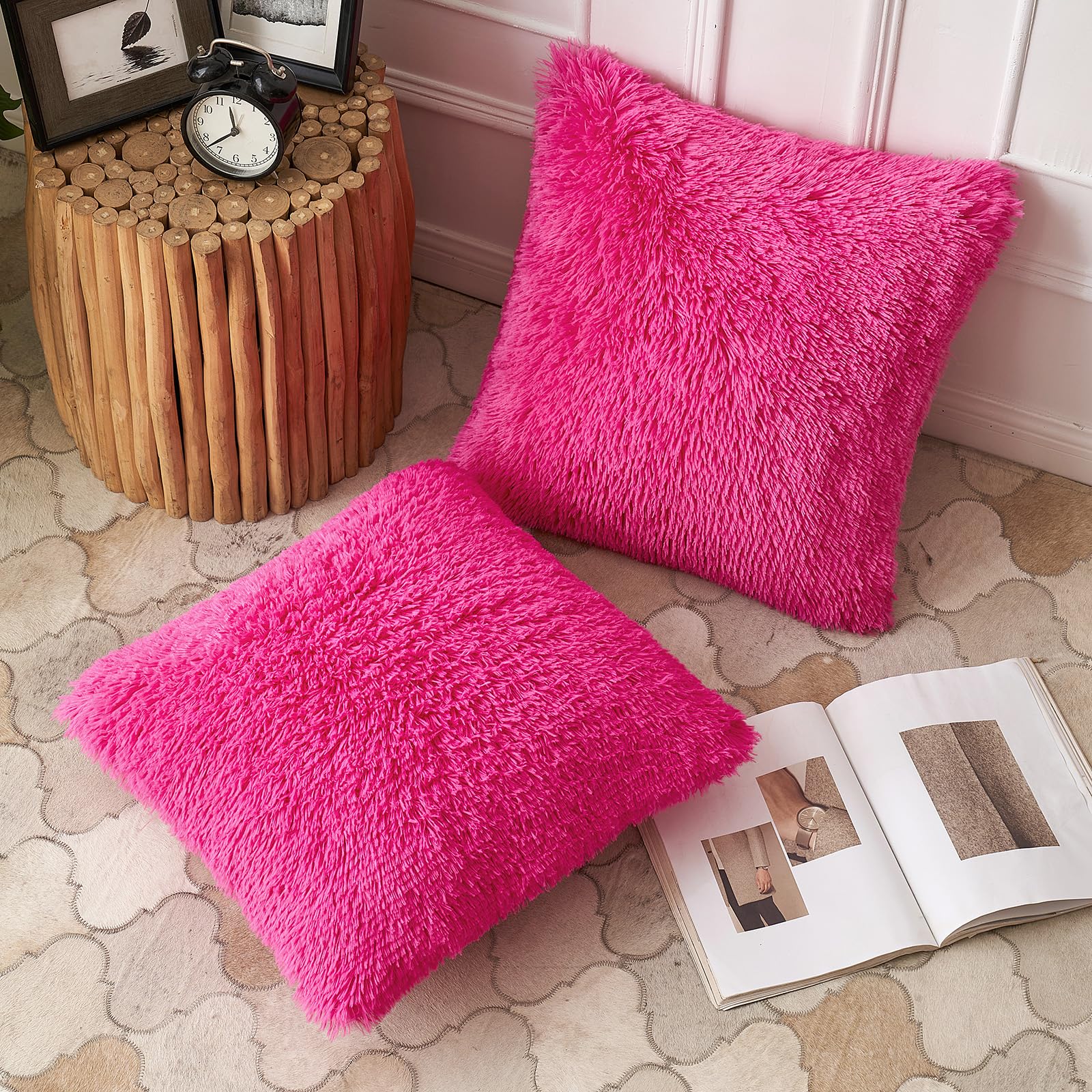 ANRODUO Pack of 2 Baby Pink Throw Pillow Covers Luxury Fluffy Pillows Faux Fur Decorative Pillows Plush Cushion Case Fuzzy Mongolian Merin Style for Bed Couch Sofa Living Room Summer Decor 16x16 Inch