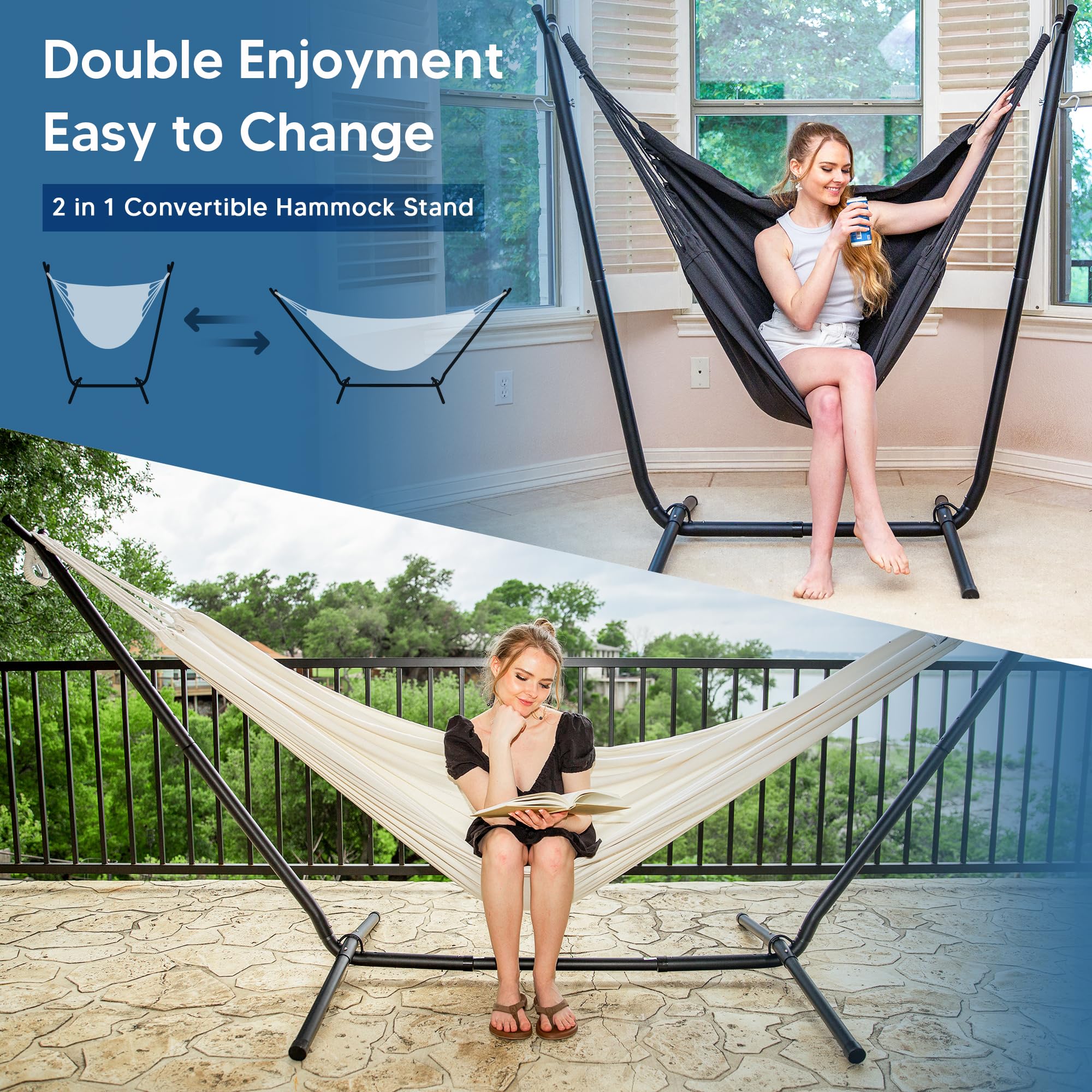 SUNCREAT 2-in-1 Convertible Free Standing Hammock with Stand Included, Camping Backyard Hammock with Stand, Patented, Blue & White Stripe
