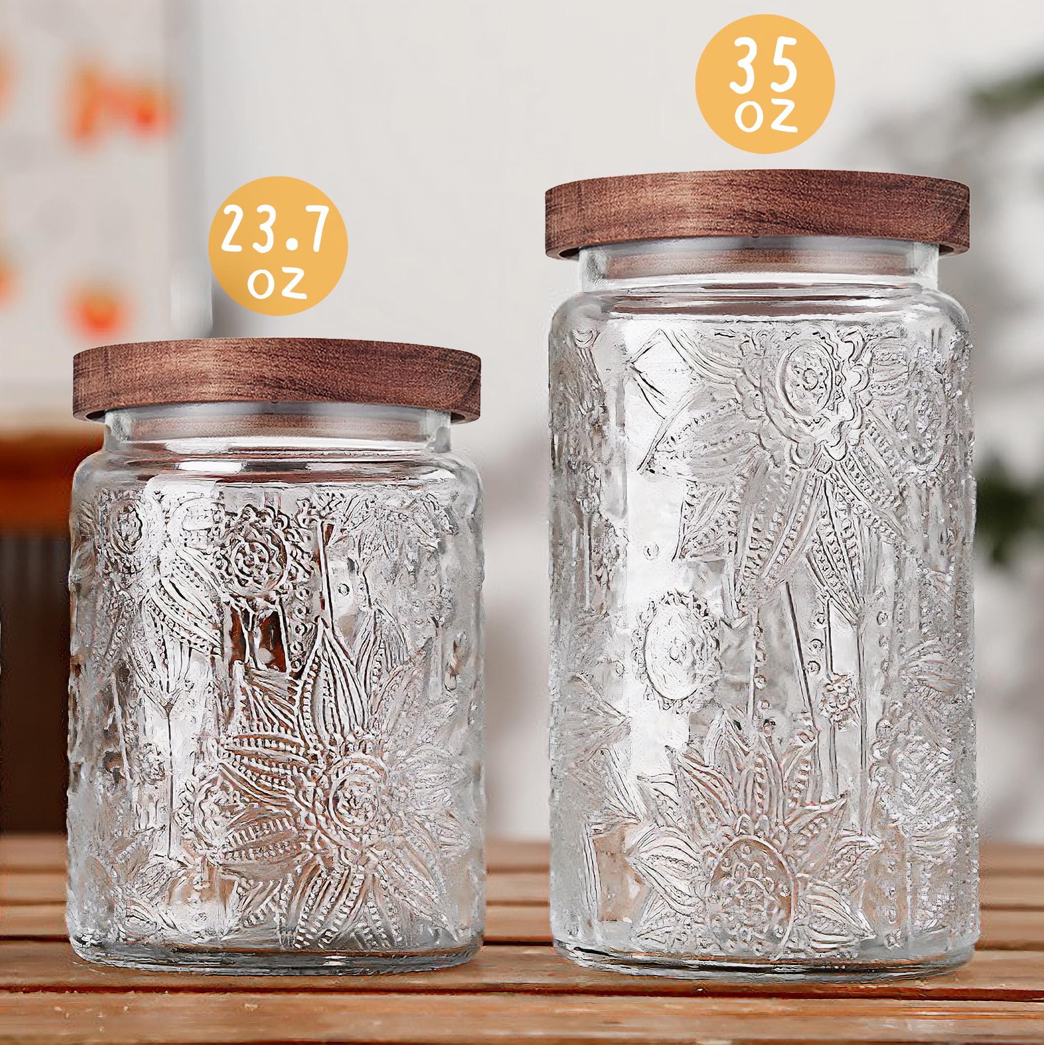 Custde Glass Storage Jars With Airtight Lid, 23.7oz Container For Kitchen Counter with Wooden Lid, brown sugar, candy, coffee, cookie, salt, tea, cute Jar (35oz Large Begonia Flowers)