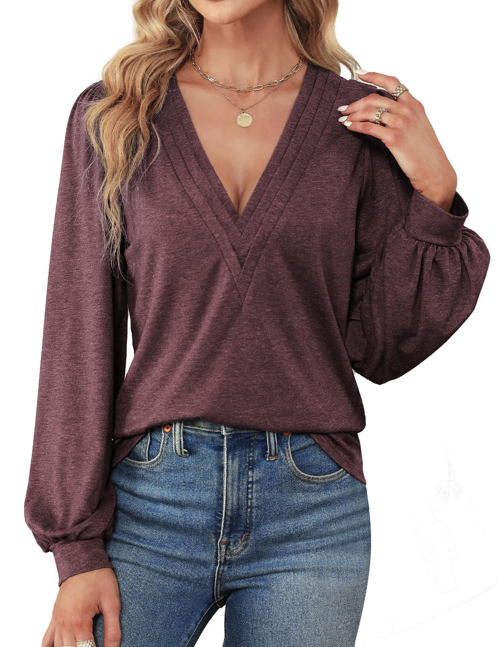 Agnes Urban Womens V Neck Long Sleeve Tops Dressy Casual Fall Shirts Puff Sleeve Loose Tunic Trendy Tops Blouses