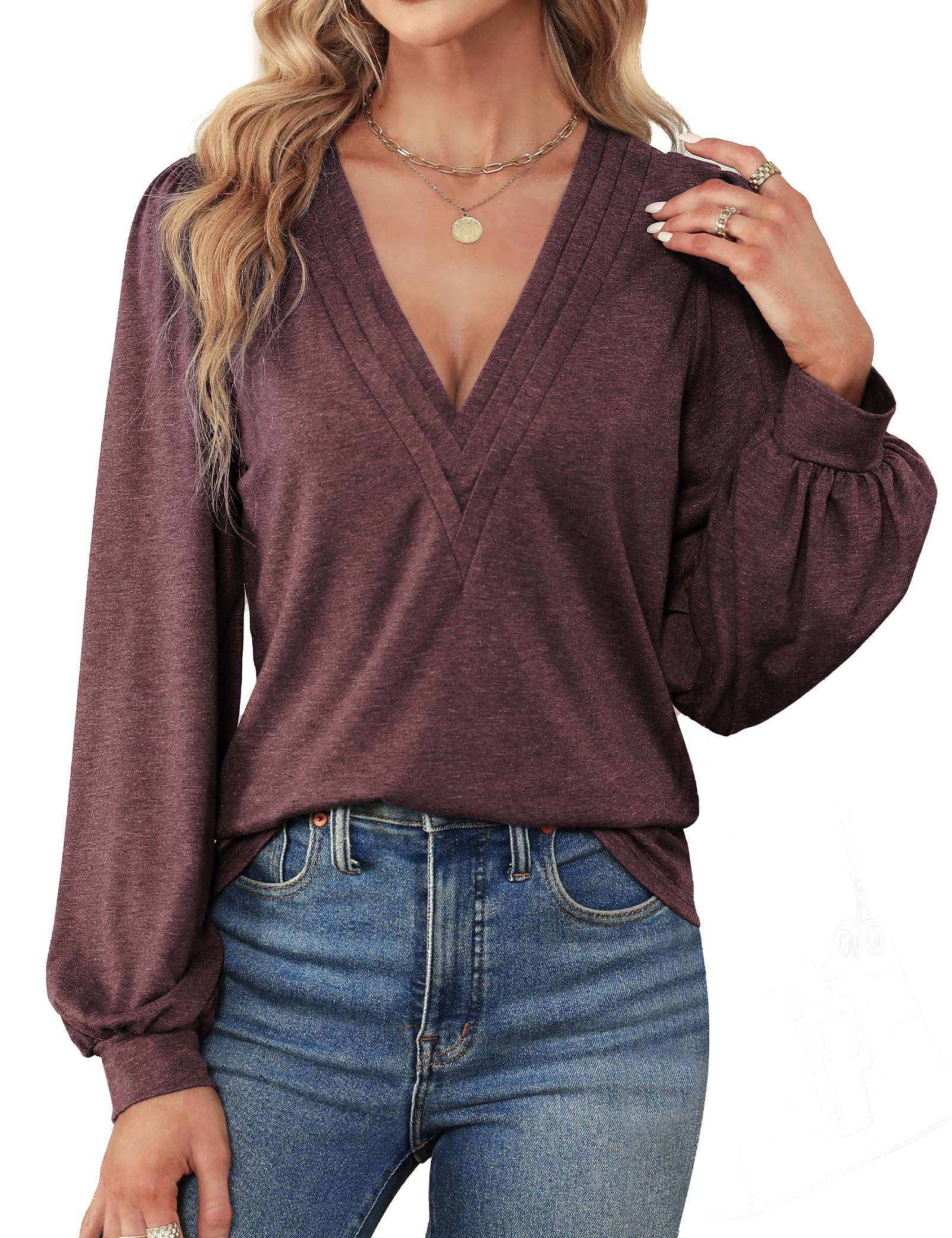 Agnes Urban Womens V Neck Long Sleeve Tops Dressy Casual Fall Shirts Puff Sleeve Loose Tunic Trendy Tops Blouses