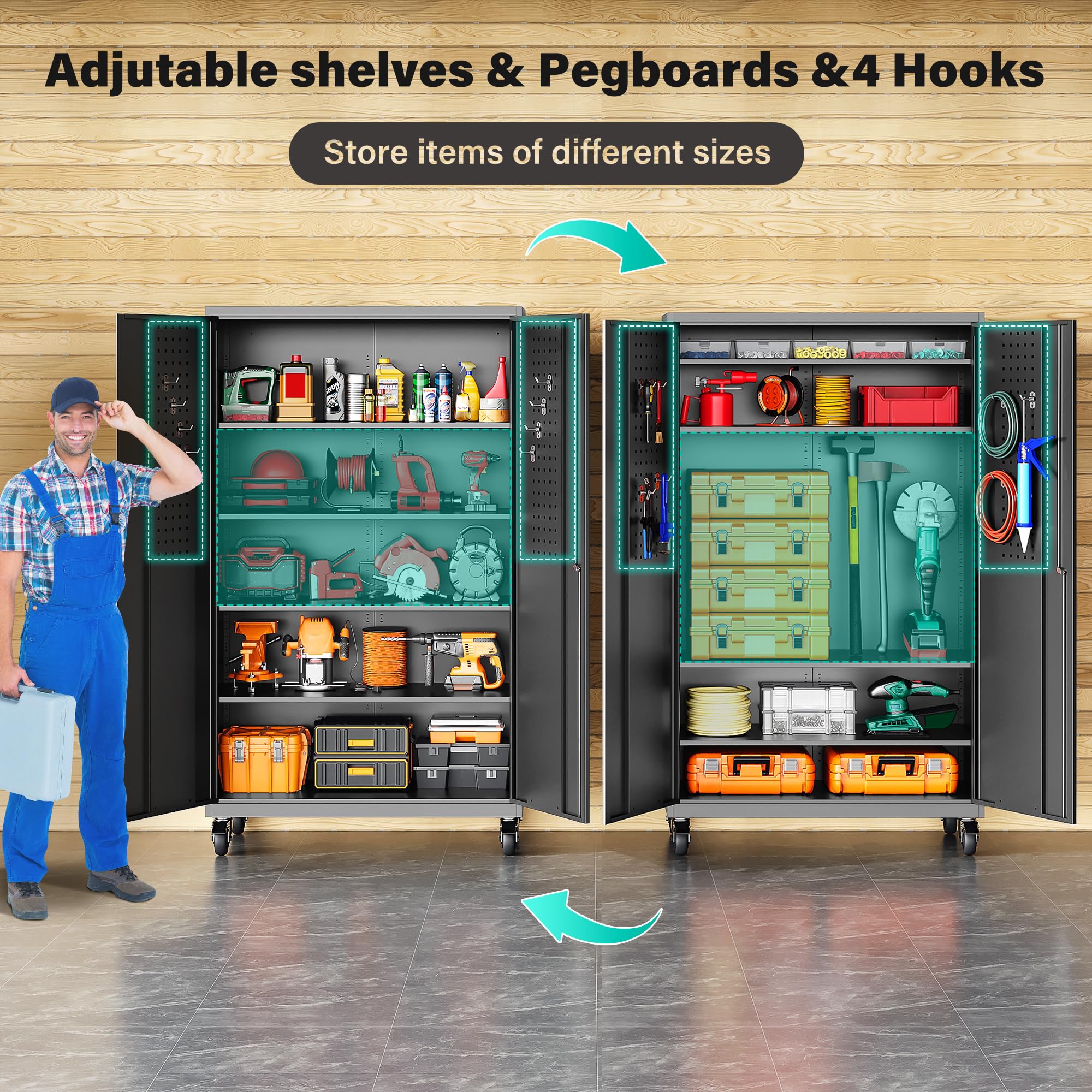 SISESOL Wide & Deep Metal Storage Cabinet with Wheels,Tall Rolling Garage Storage Cabinet with Lock,Black Metal Cabinets with Pegboards and Shelves,Tool Locker for Garage,Home,Office,43''Wx 20''Dx71"H