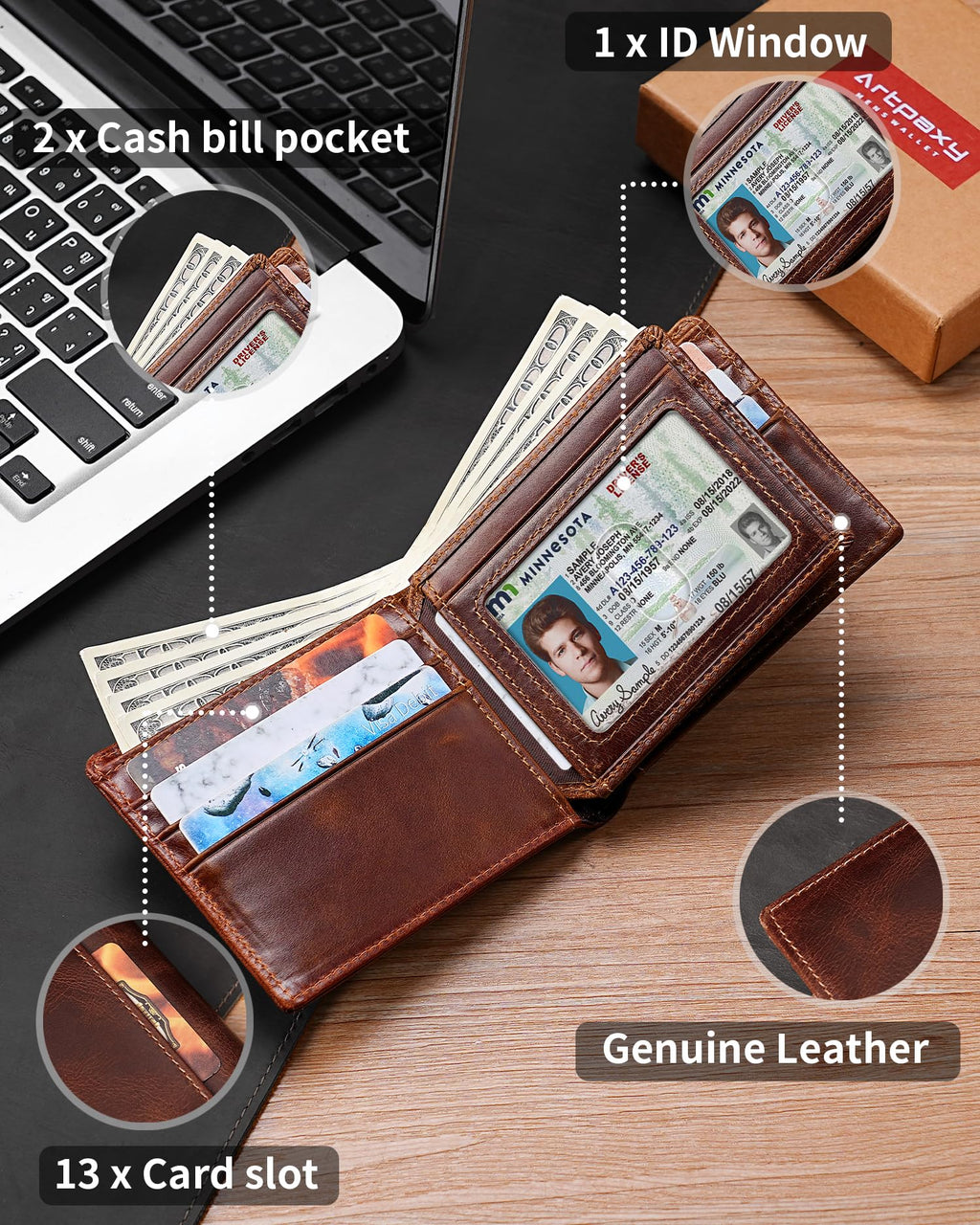 Artpaxy Mens Wallet Genuine Leather Bifold RFID Blocking Wallet for Men with 1 ID Window 13 Card Holders 2 cash pockets 1 Gift Box