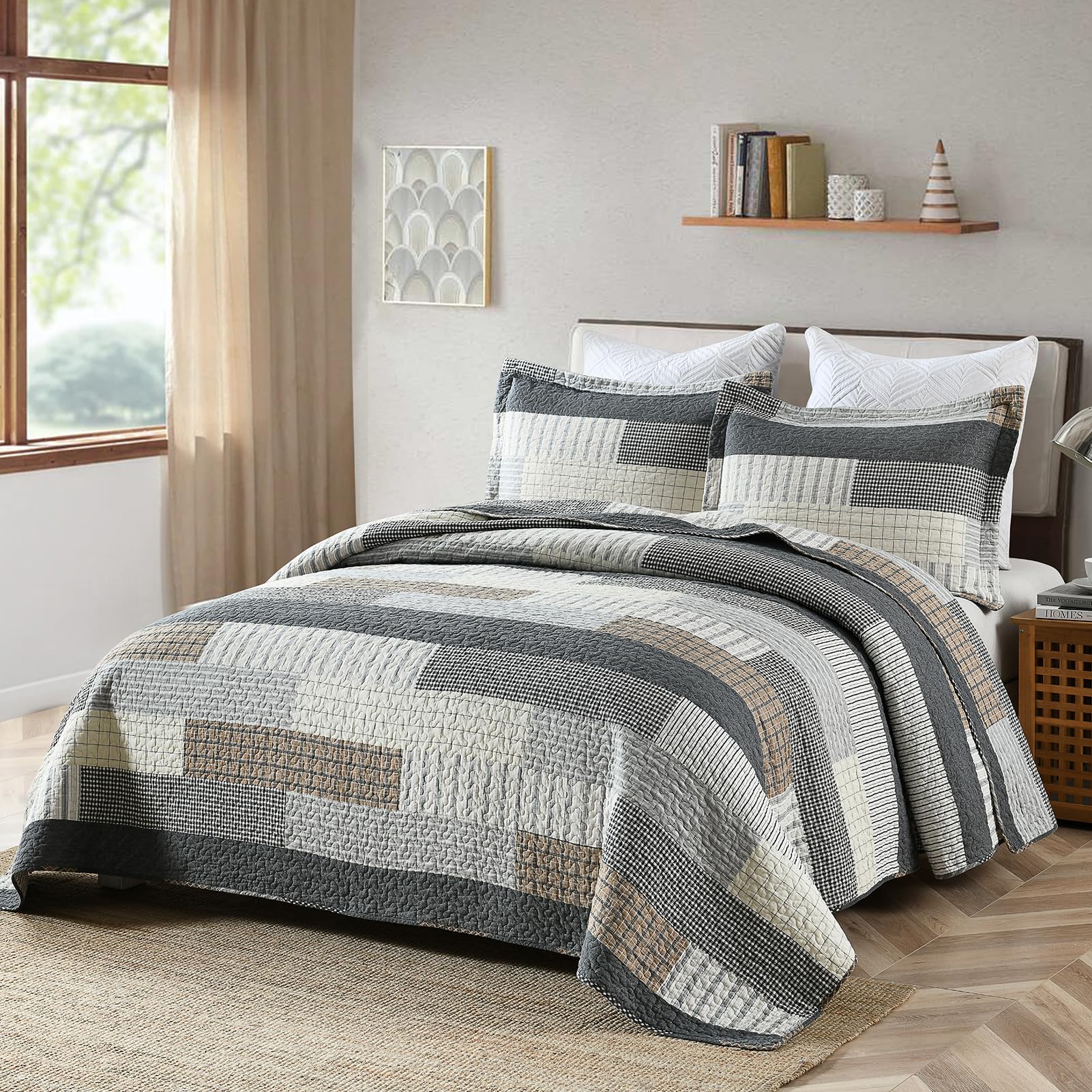 Y-PLWOMEN 100% Cotton Farmhouse Plaid Lightweight 3-Pieces Quilt Set (Blue Brown, Queen90 * 98 Inch)