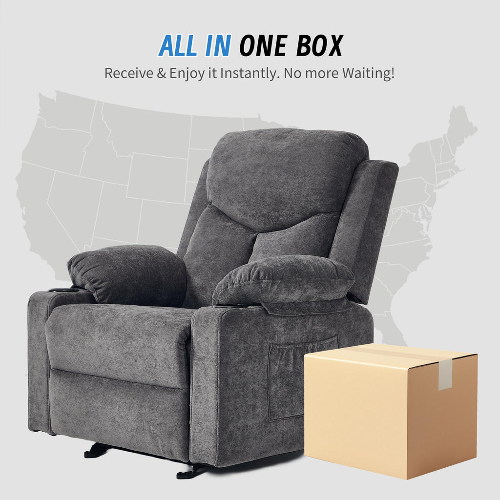 Manual Rocker Recliner Chair for Adults with Massage, Overstuffed Glider Rocking Chair with Cup Holders and Pockets for Living Room, Reclining Sofa Chair for Bedroom Nursery,Beige