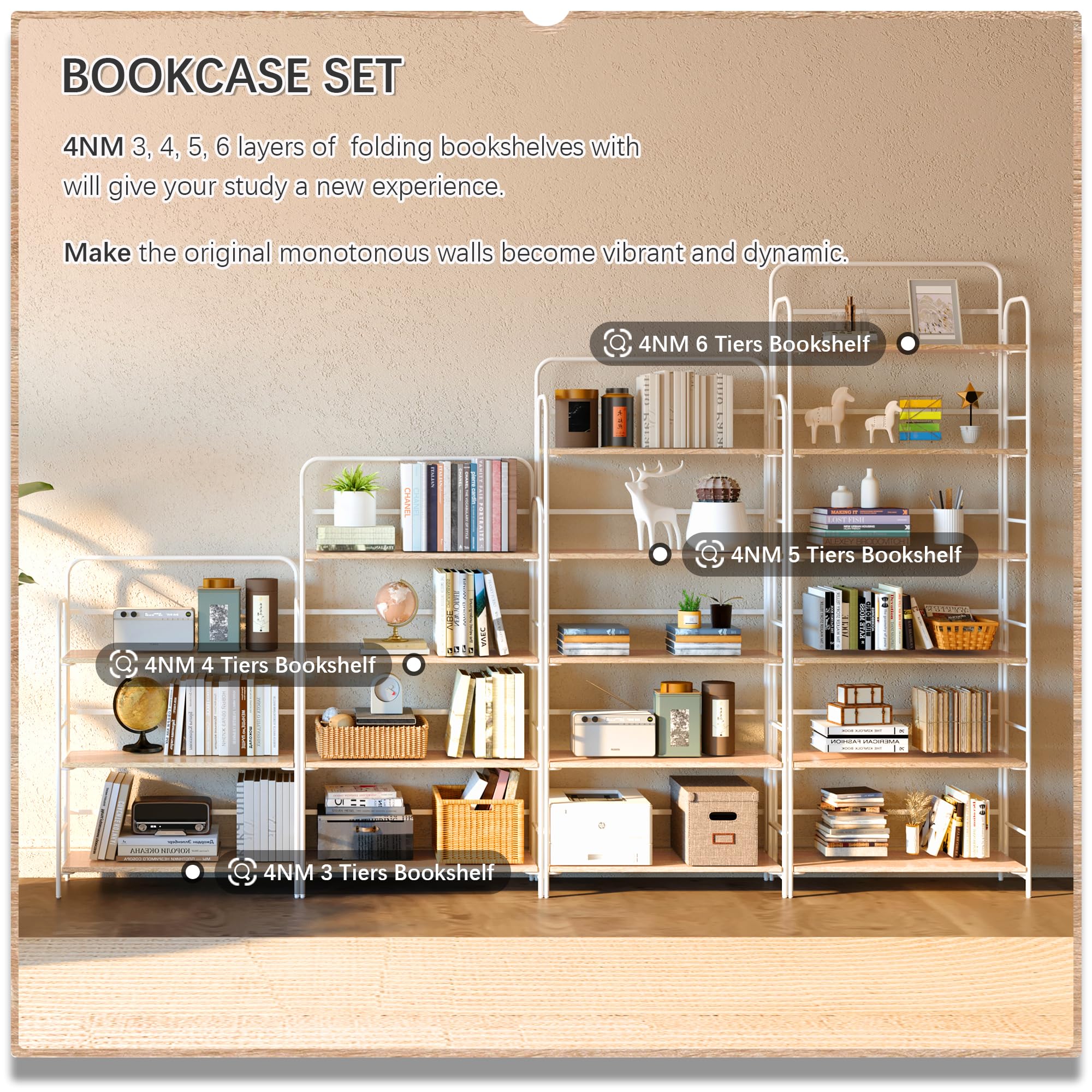 4NM No Assembly Folding Bookshelf, 3 Tiers Collapsible Book Shelves Open Industrial Foldable Storage Bookcase Shelf for Bedroom, Living Room, Home Office - Natural and White