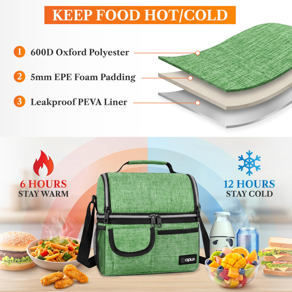 opux Insulated Lunch Bag Women Men, Dual Compartment Leakproof Lunch Box Adults Kids, Double Decker Meal Prep Bento Lunch Cooler Tote with Shoulder Strap for Work Office School Travel, Black