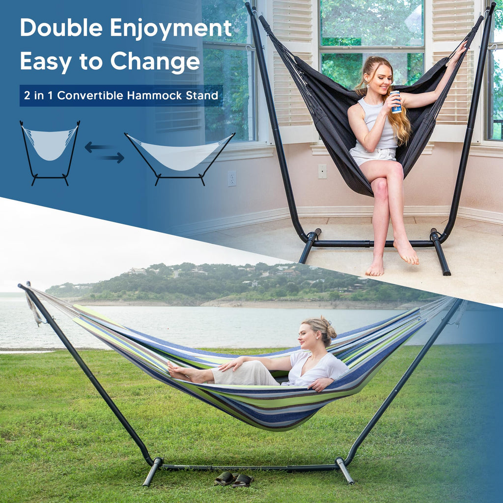 SUNCREAT 2-in-1 Convertible Free Standing Hammock with Stand Included, Camping Backyard Hammock with Stand, Patented, Blue & White Stripe