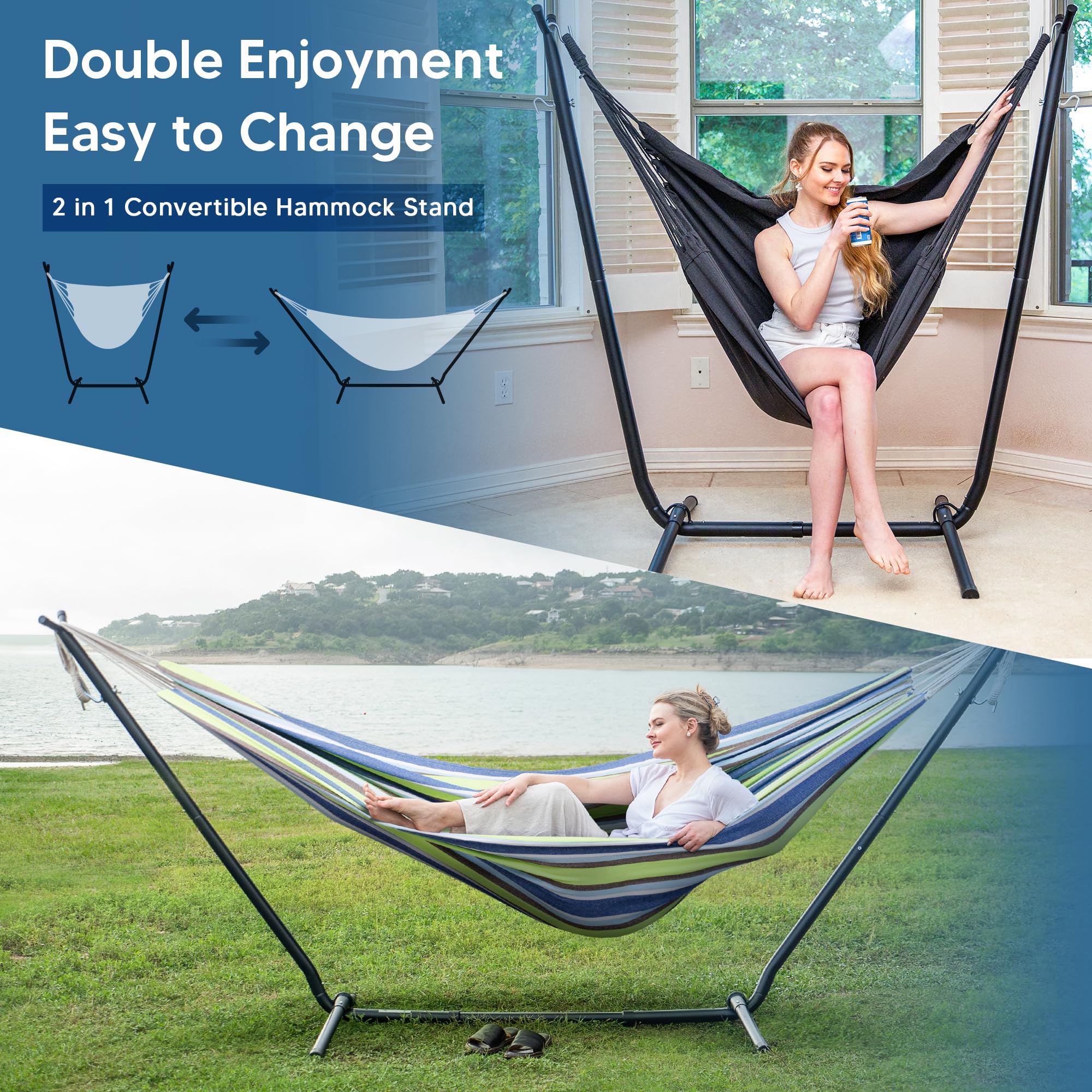 SUNCREAT 2-in-1 Convertible Free Standing Hammock with Stand Included, Camping Backyard Hammock with Stand, Patented, Blue & White Stripe