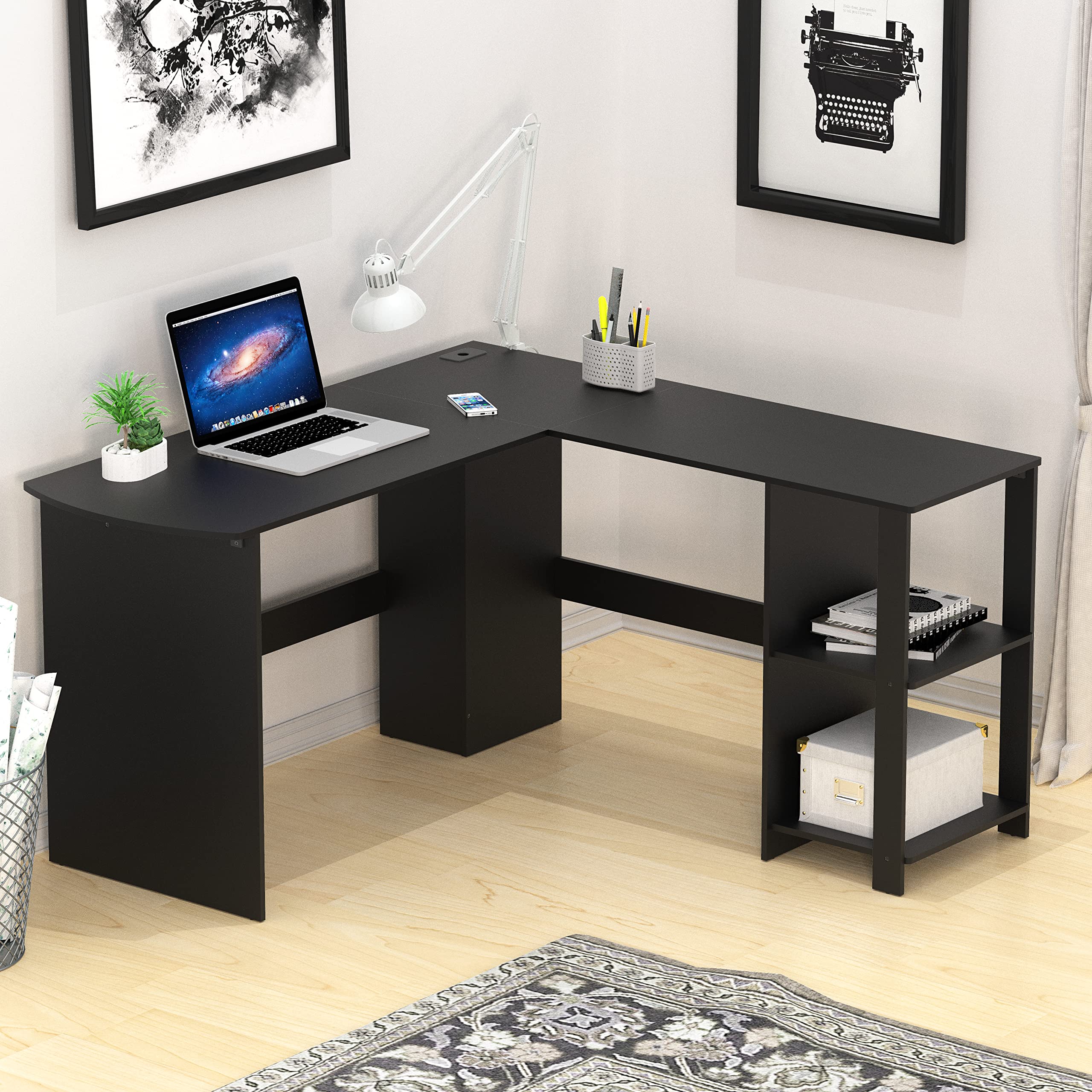 SHW 51 x 51 Inches L-Shaped Home Office Wood Corner Desk wtih Storage, Black