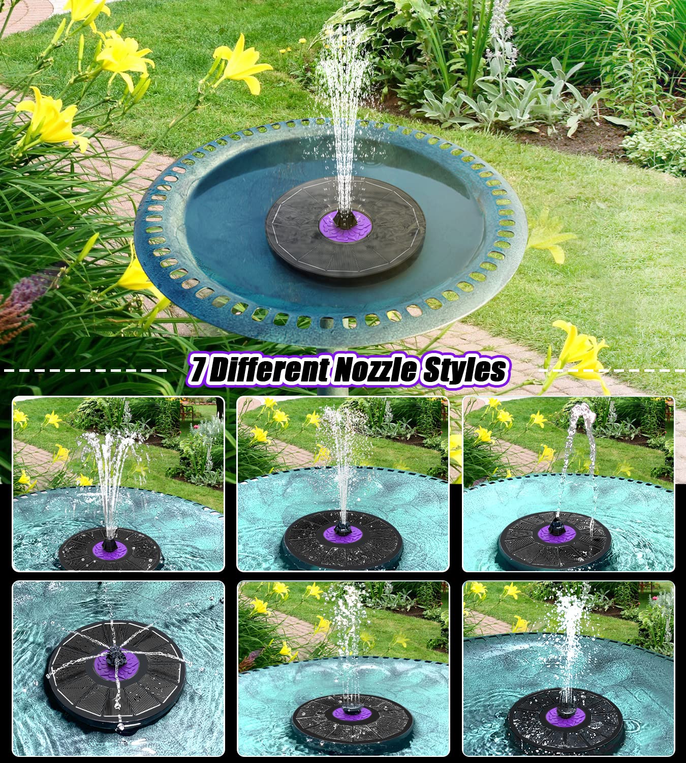 SZMP Solar Fountain 3.5W Bird Bath Fountains with Flower Upgraded Glass Panel, Solar Powered Water Fountain with 7 Nozzles & 4 Fixer, Solar Fountain Pump for Bird Bath, Garden, Pond, Outdoor -Black