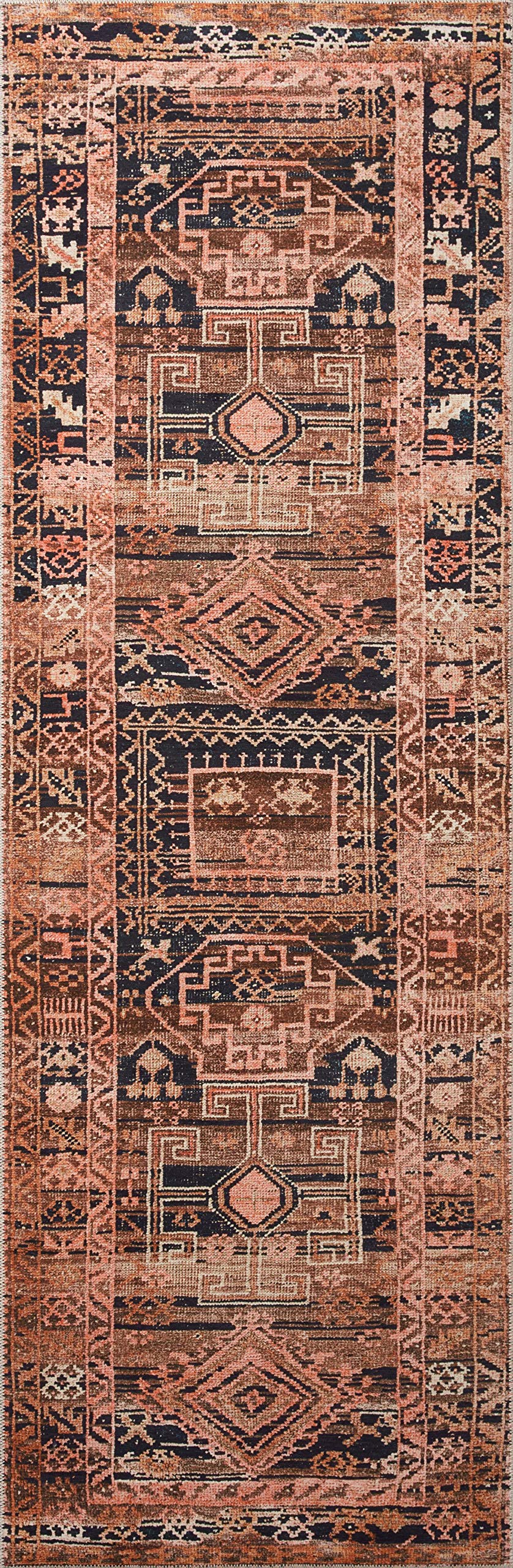 Loloi Layla Collection LAY-07 Blue/Tangerine 2'-3" x 3'-9" .13" Thick Accent Rug, Soft, Durable, Vintage Inspired, Distressed, Low Pile, Non-Shedding, Easy Clean, Printed, Living Room Rug