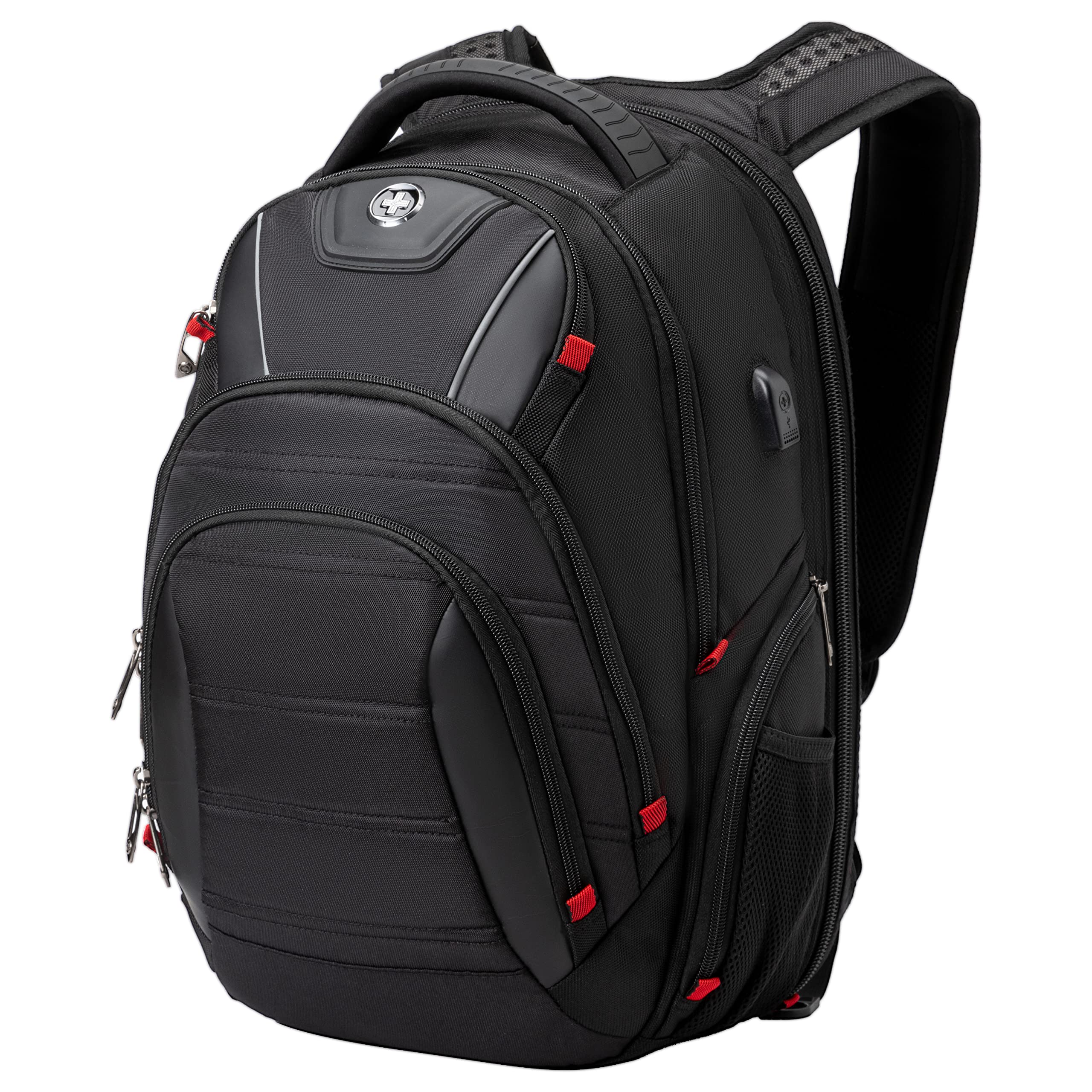 Swissdigital Design Travel Backpack for Women or Men, TSA Friendly USB Charging RFID Protection Business Carry on Bag Fits 15.6" Laptop Backpack Black | J14-BR