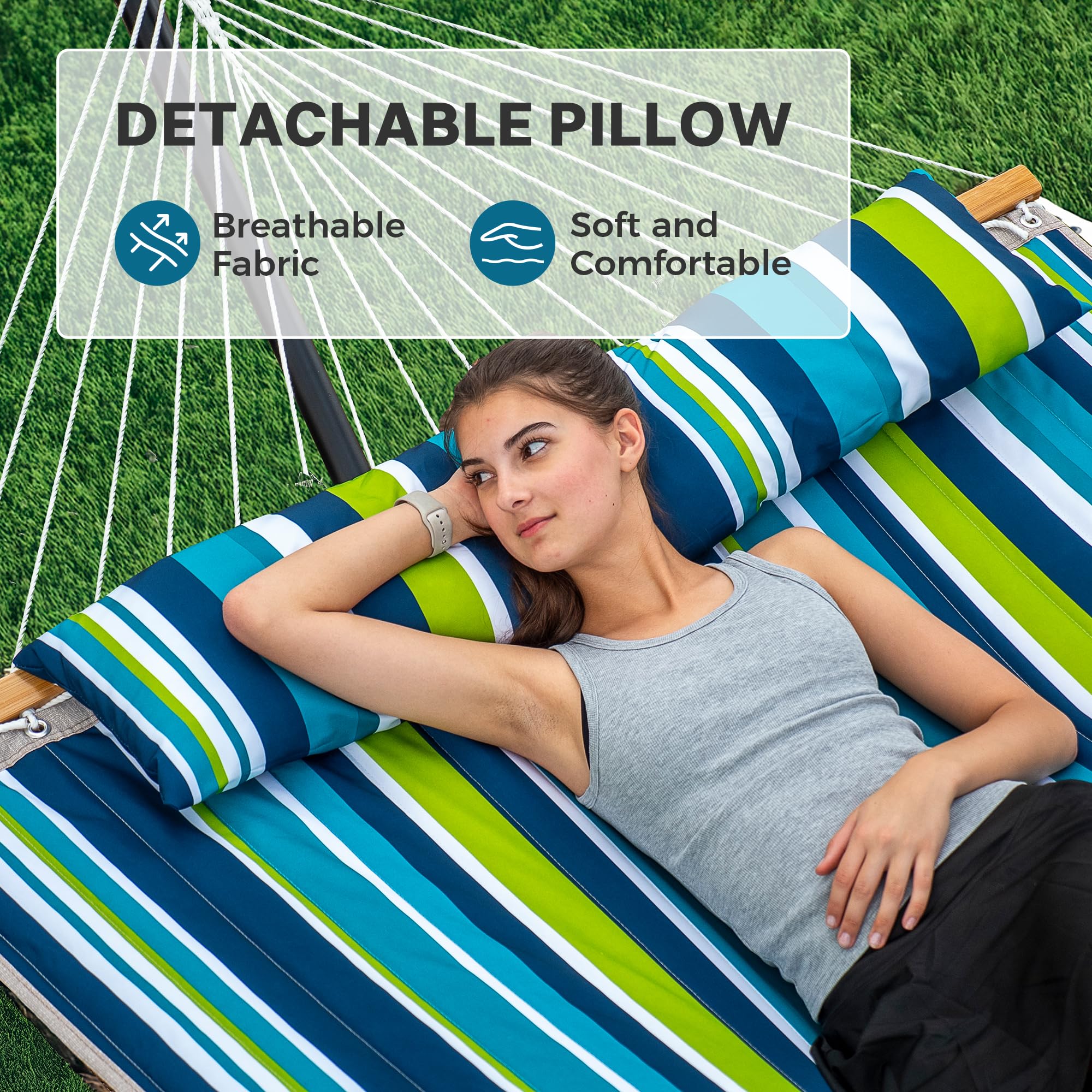 SUPERJARE Hammock with Stand, 2 Person Quilted Outdoor Hammock, Detachable Pillow & Bamboo Spreaders, Portable Hammock with Carrying Bag, Heavy Duty Stand, Perfect for Outside, Patio, Aqua Blue