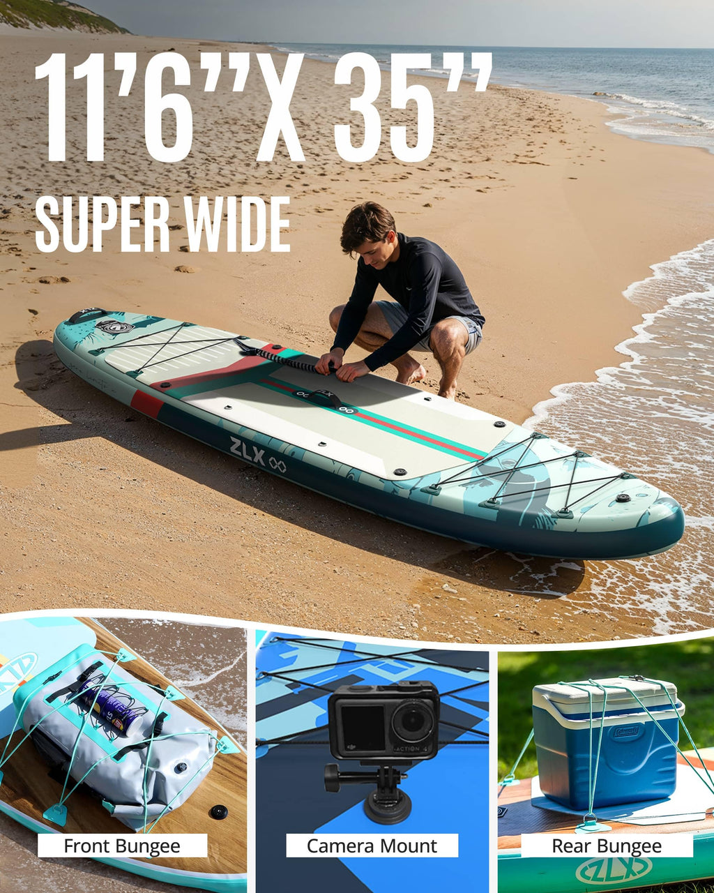 ZLX 11'6"x35" Ultra Wide Inflatable Stand Up Paddle Board | Stable Non-Slip Deck Pad, Unique Fin System, Premium SUP Accessories & Backpack - Upgraded Pump for Adults, All Skill Levels
